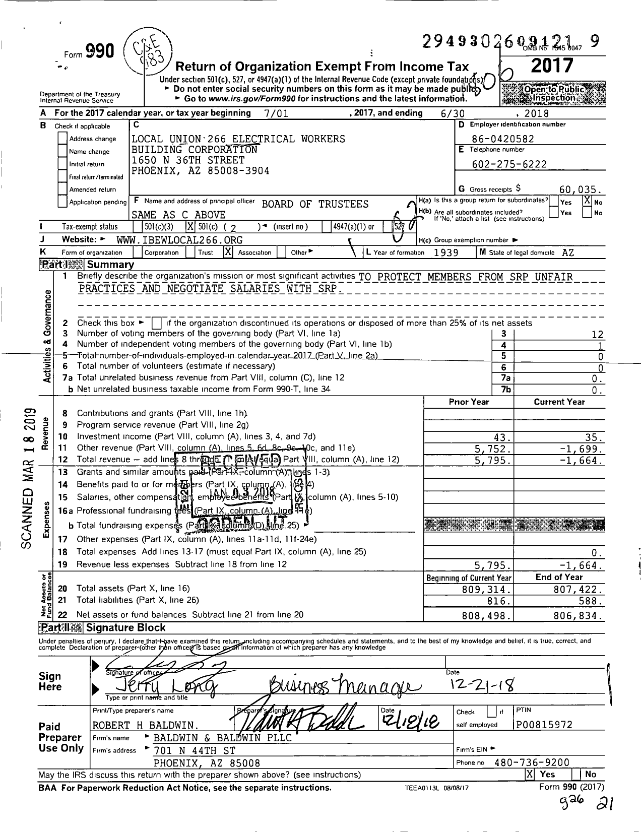 Image of first page of 2017 Form 990O for Local Union 266 Electrical Workers Building Corporation