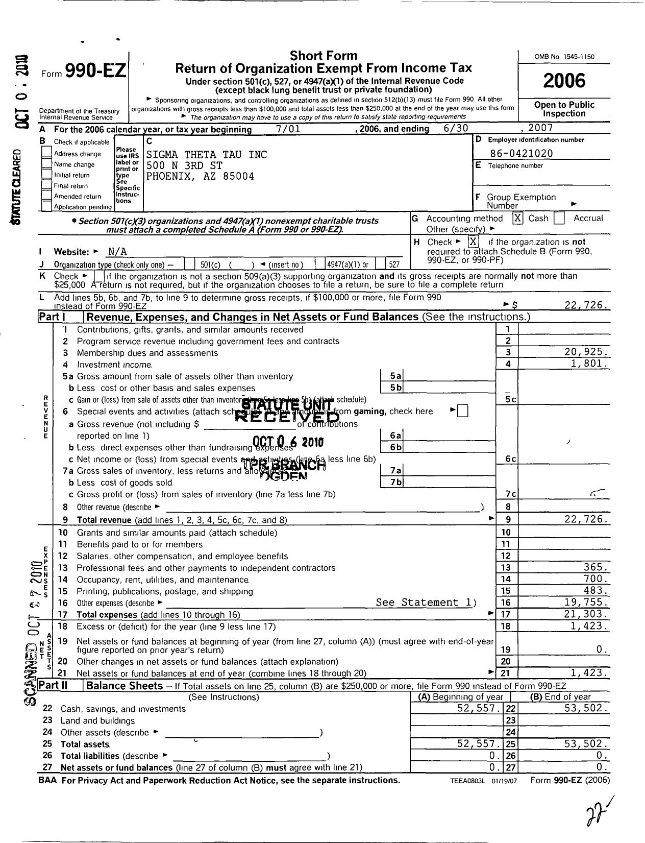 Image of first page of 2006 Form 990EO for Sigma Theta Tau - 66 Beta Upsilon Chapter