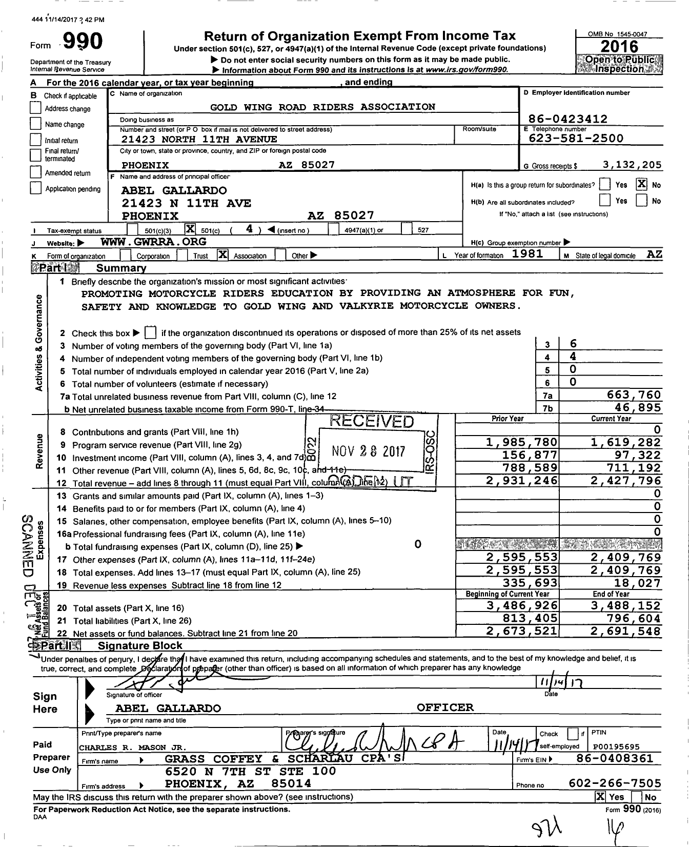 Image of first page of 2016 Form 990O for Gold Wing Road Riders Association