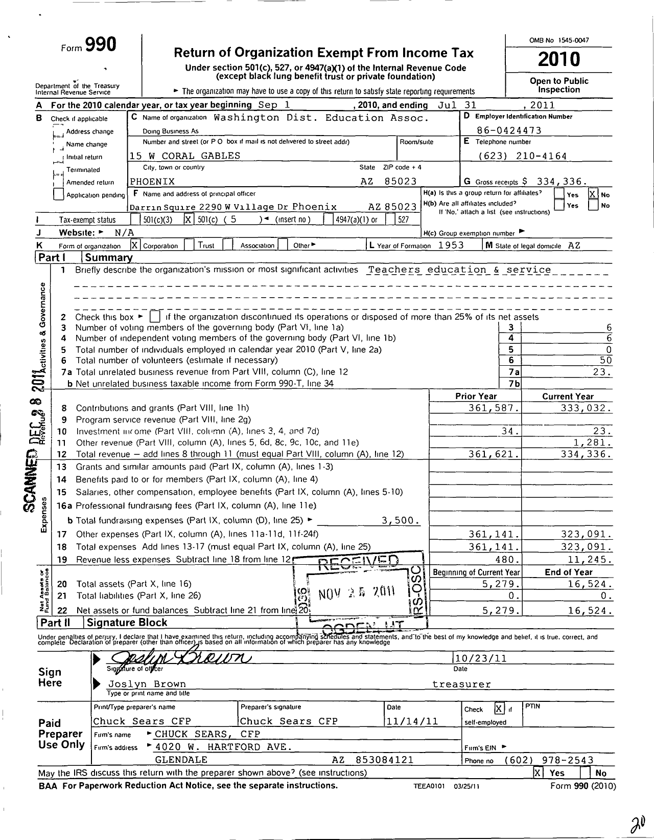 Image of first page of 2010 Form 990O for Washington Dist Education Assoc