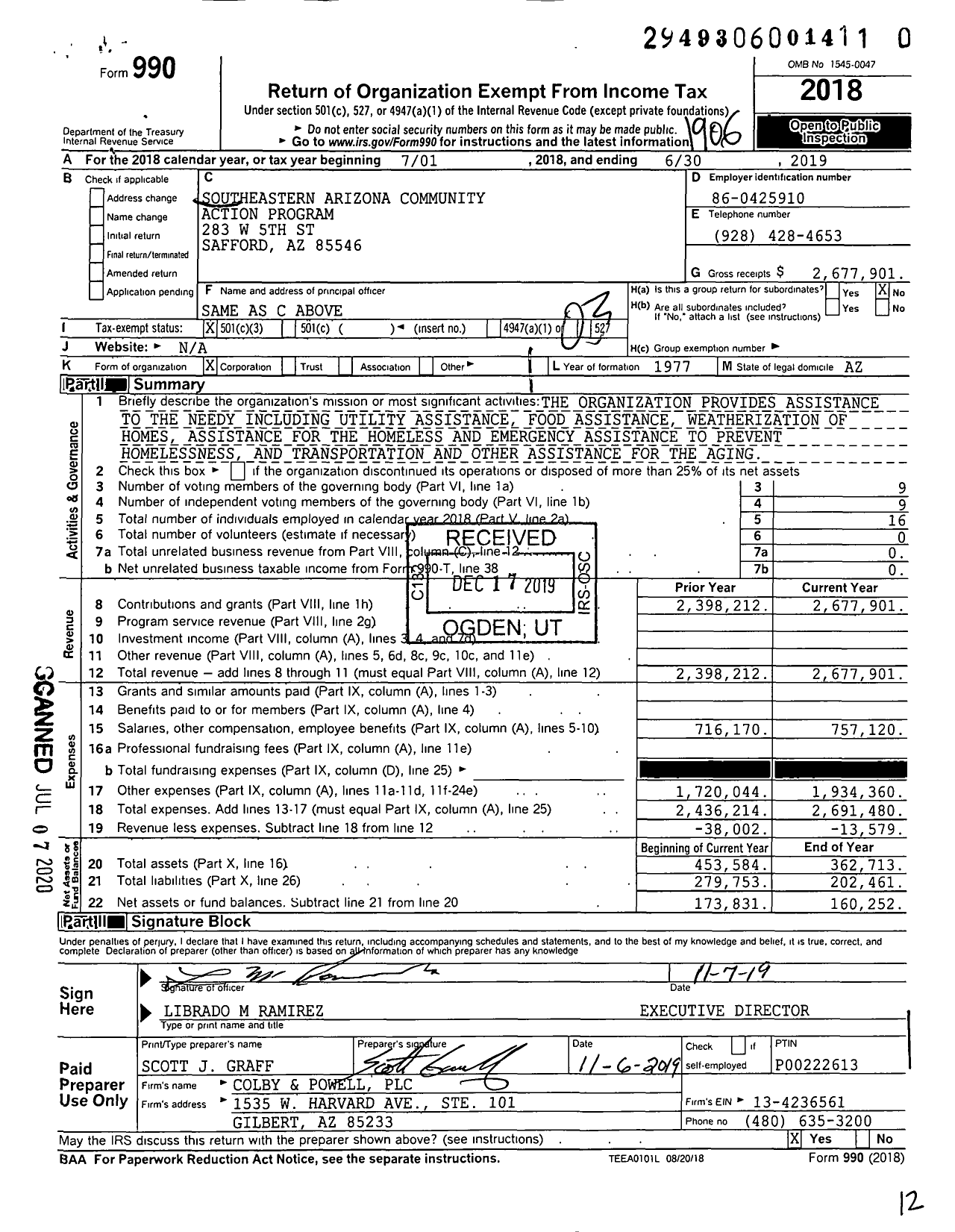 Image of first page of 2018 Form 990 for SouthEastern Arizona Community Action Program (SEACAP)