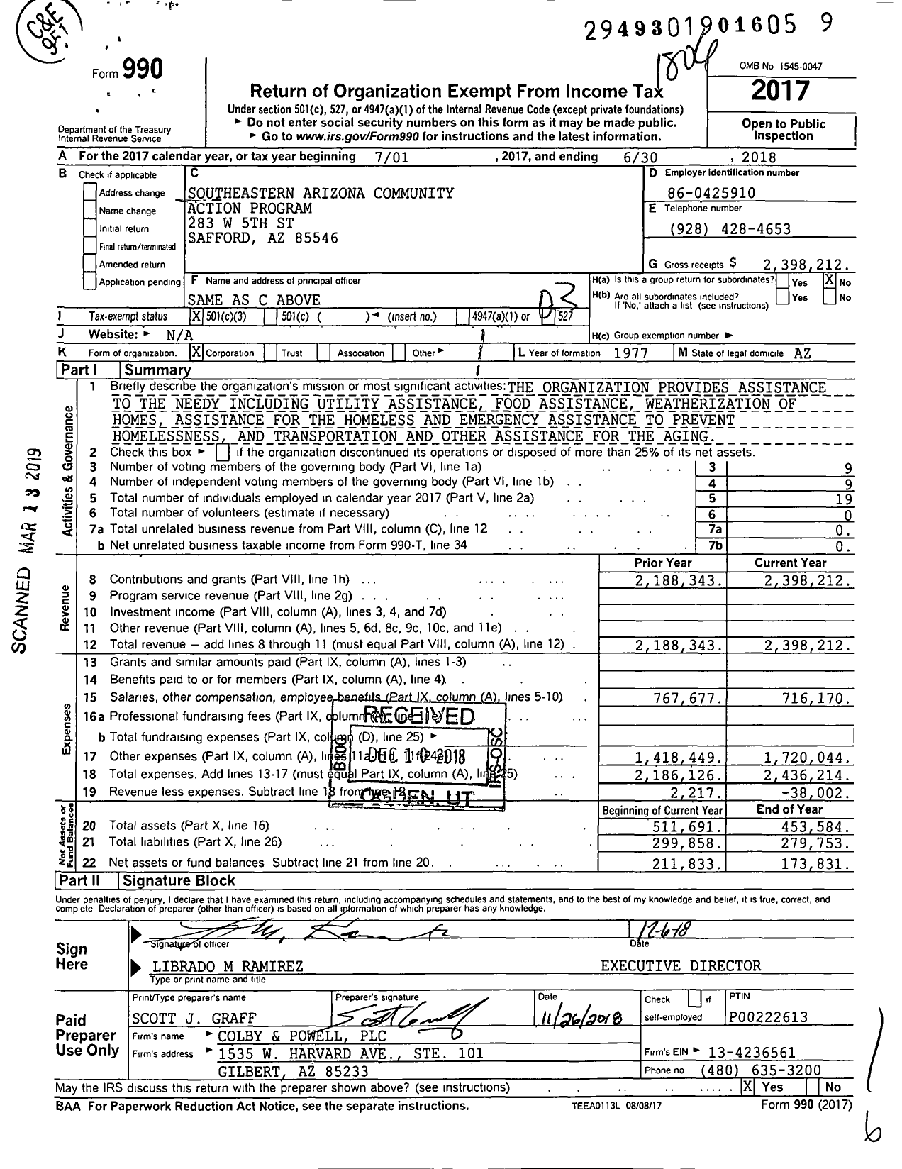 Image of first page of 2017 Form 990 for SouthEastern Arizona Community Action Program (SEACAP)