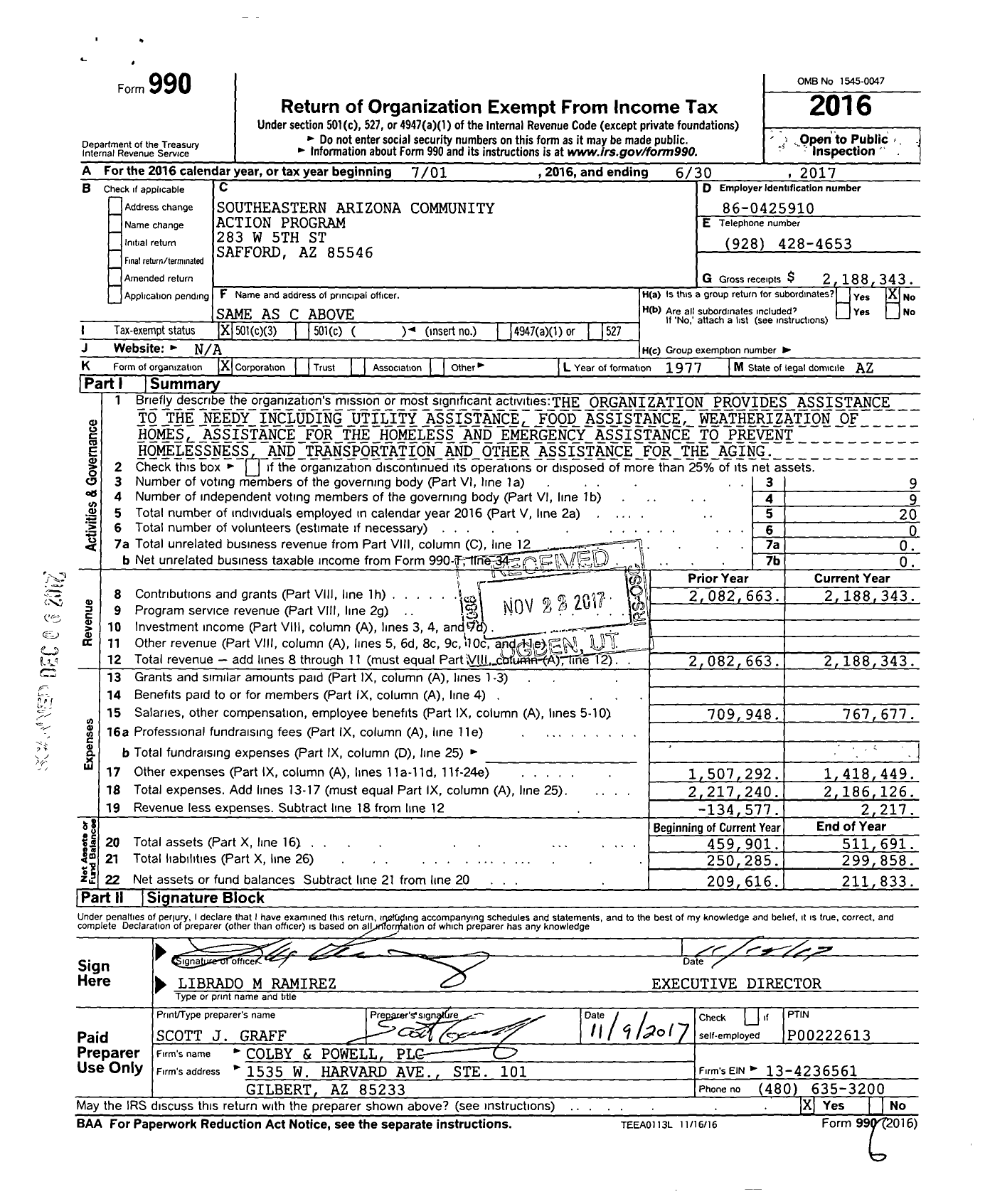 Image of first page of 2016 Form 990 for SouthEastern Arizona Community Action Program (SEACAP)