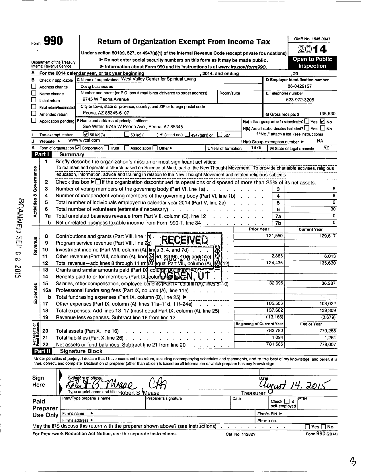 Image of first page of 2014 Form 990 for Centers for Spiritual Living / West Valley Center for Spiritual Living