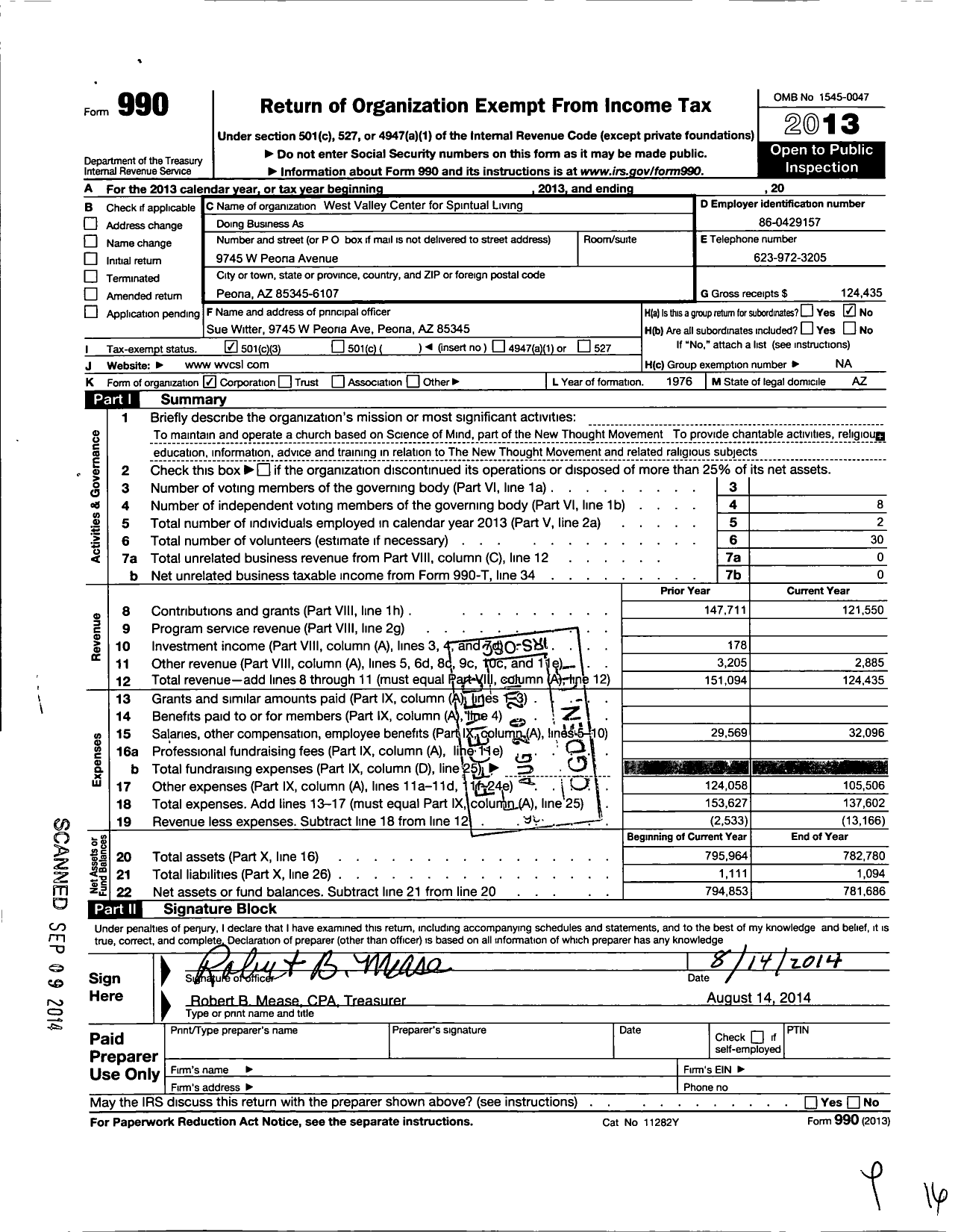 Image of first page of 2013 Form 990 for Centers for Spiritual Living / West Valley Center for Spiritual Living