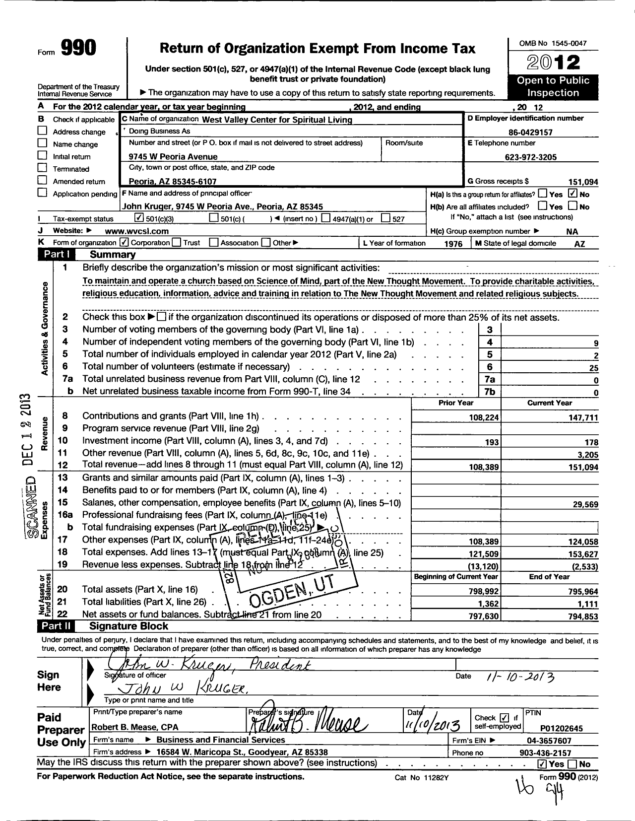 Image of first page of 2012 Form 990 for Centers for Spiritual Living / West Valley Center for Spiritual Living