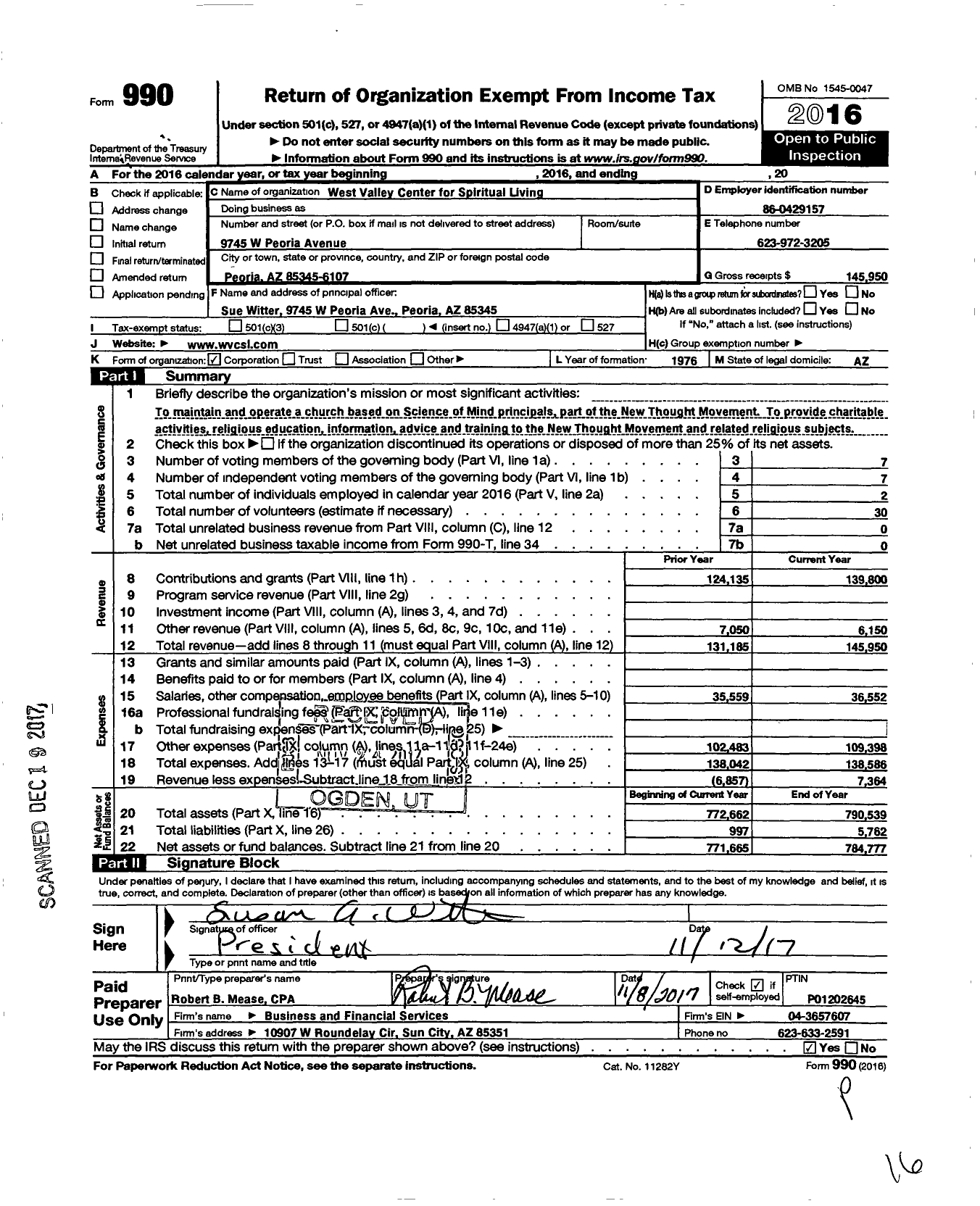 Image of first page of 2016 Form 990O for Centers for Spiritual Living / West Valley Center for Spiritual Living