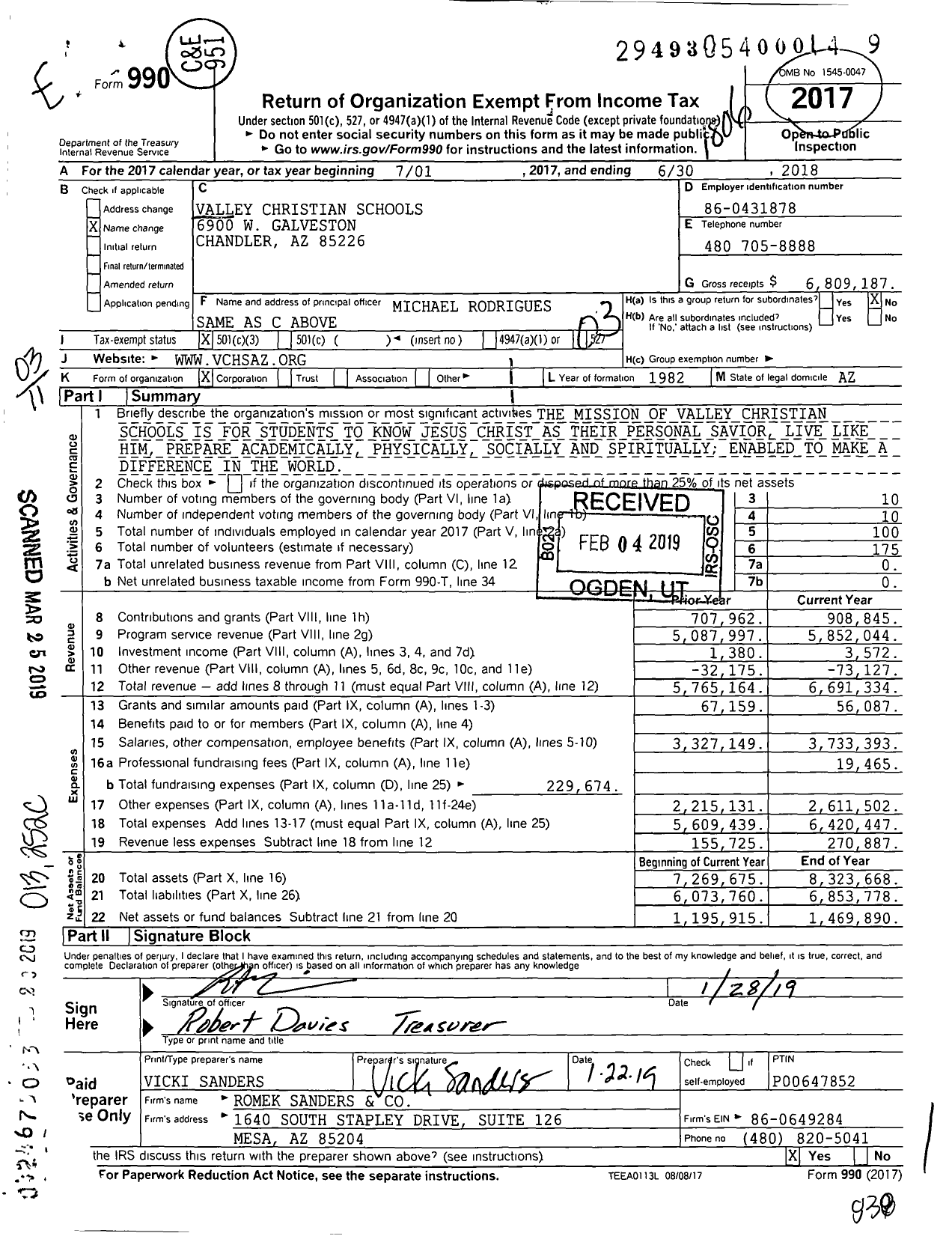 Image of first page of 2017 Form 990 for Valley Christian High School