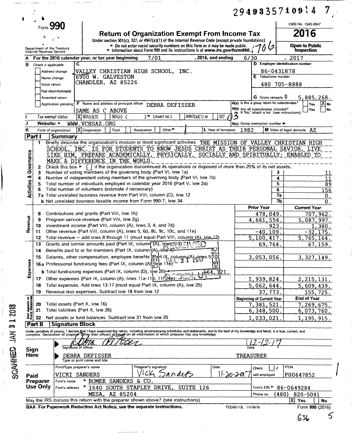 Image of first page of 2016 Form 990 for Valley Christian High School