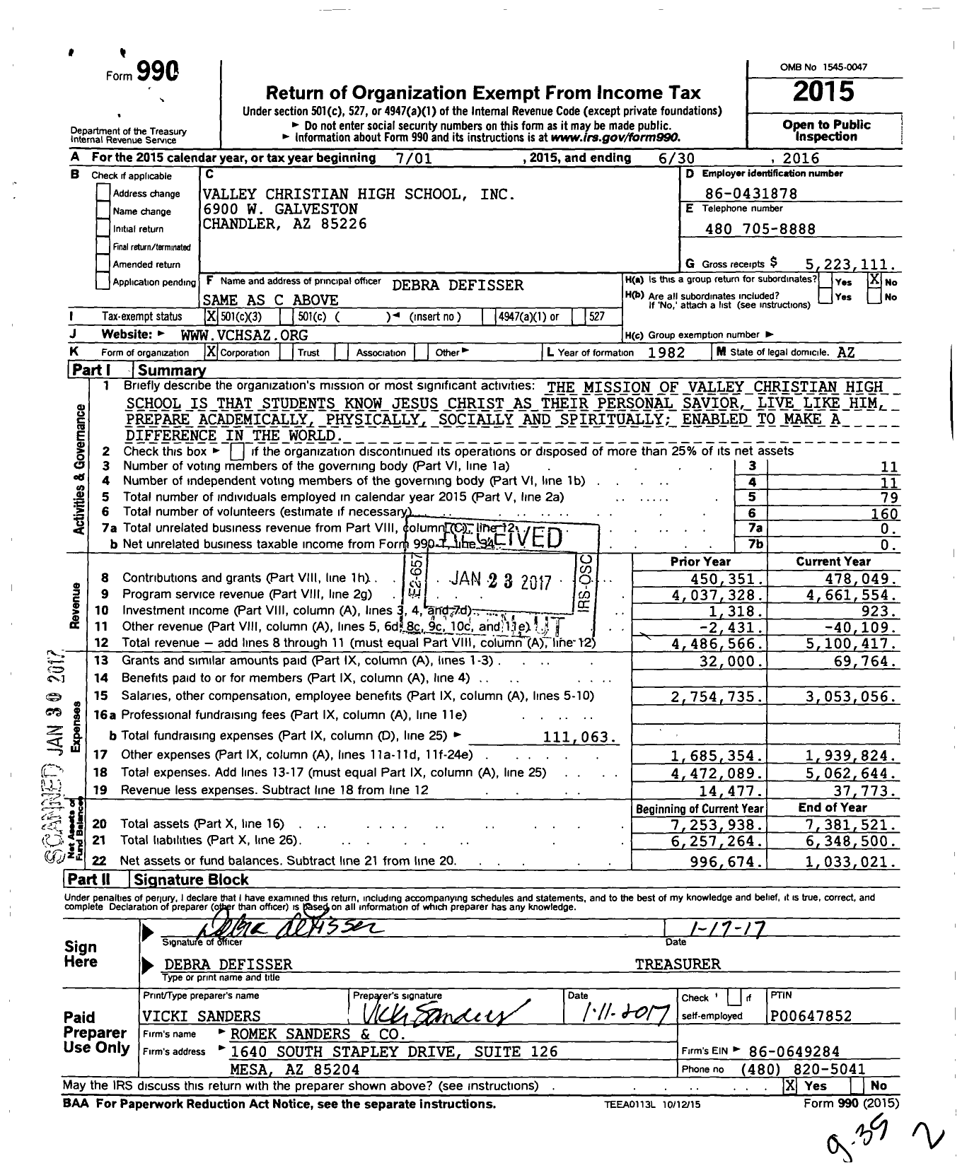 Image of first page of 2015 Form 990 for Valley Christian High School