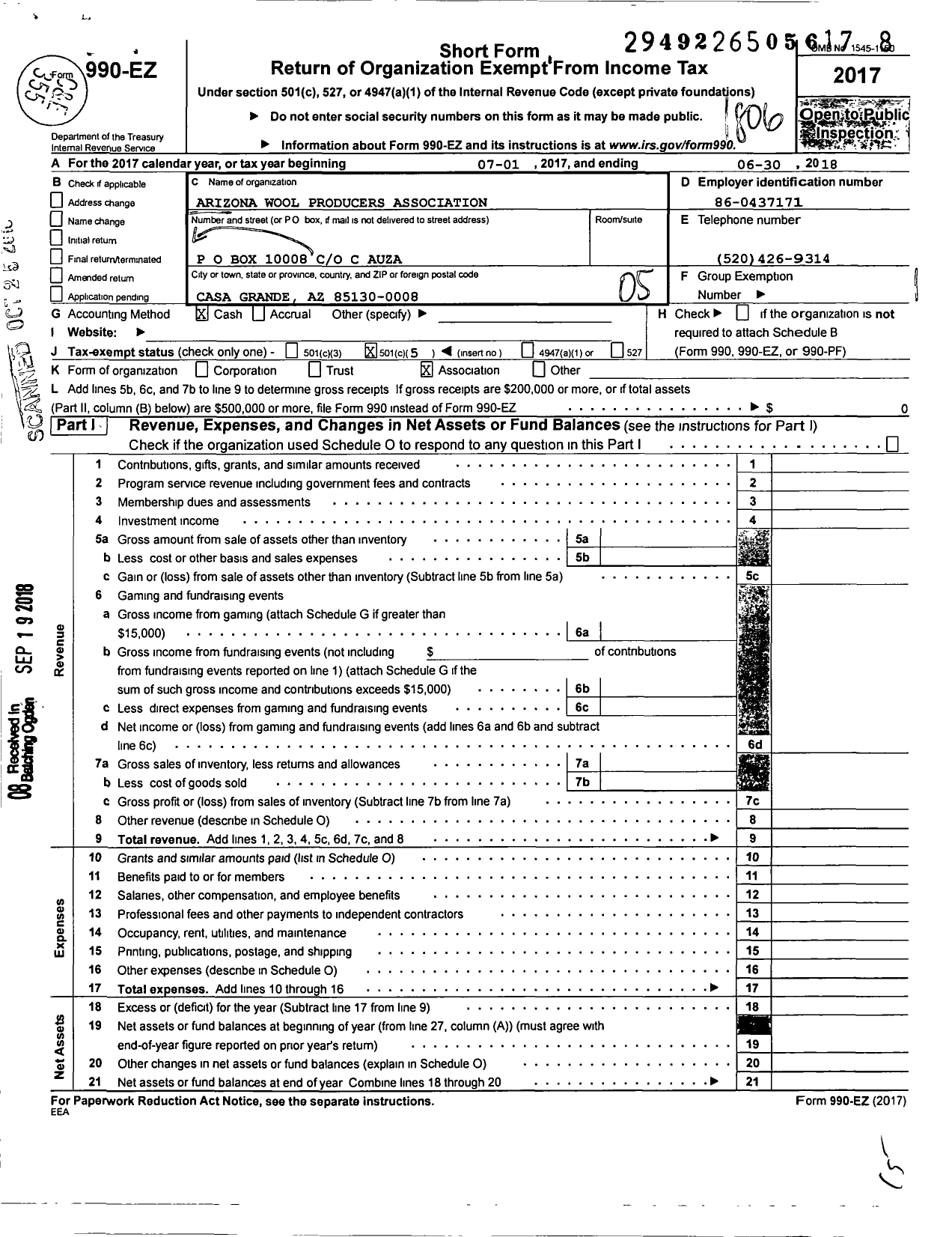 Image of first page of 2017 Form 990EO for Arizona Wool Producers Association