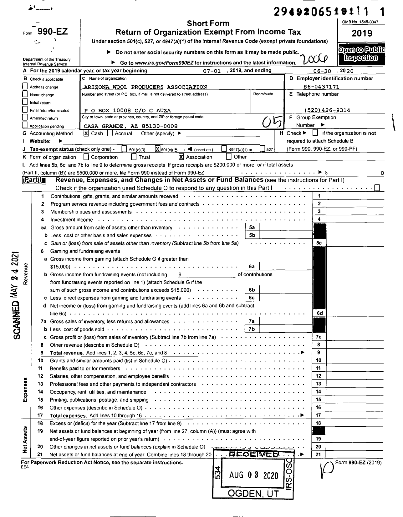 Image of first page of 2019 Form 990EO for Arizona Wool Producers Association