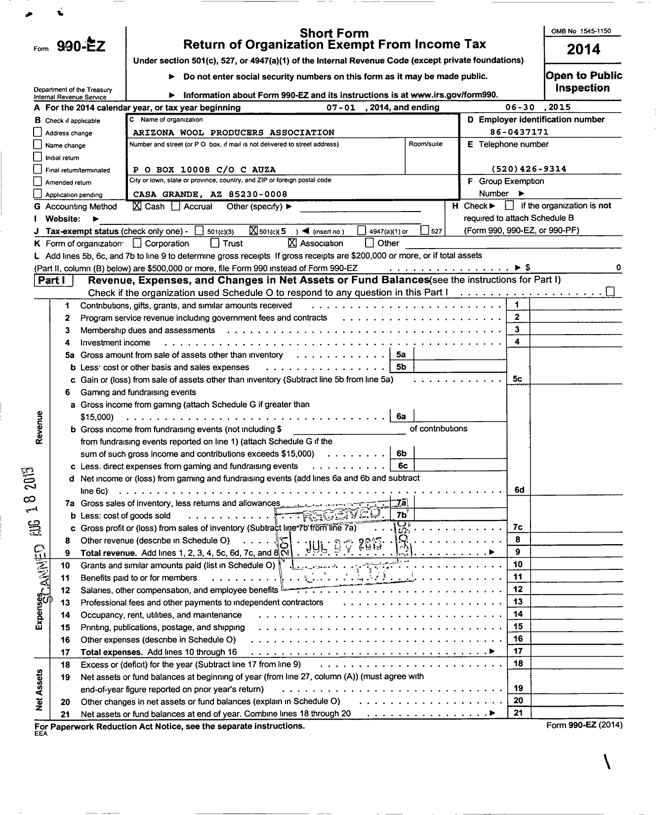 Image of first page of 2014 Form 990EO for Arizona Wool Producers Association