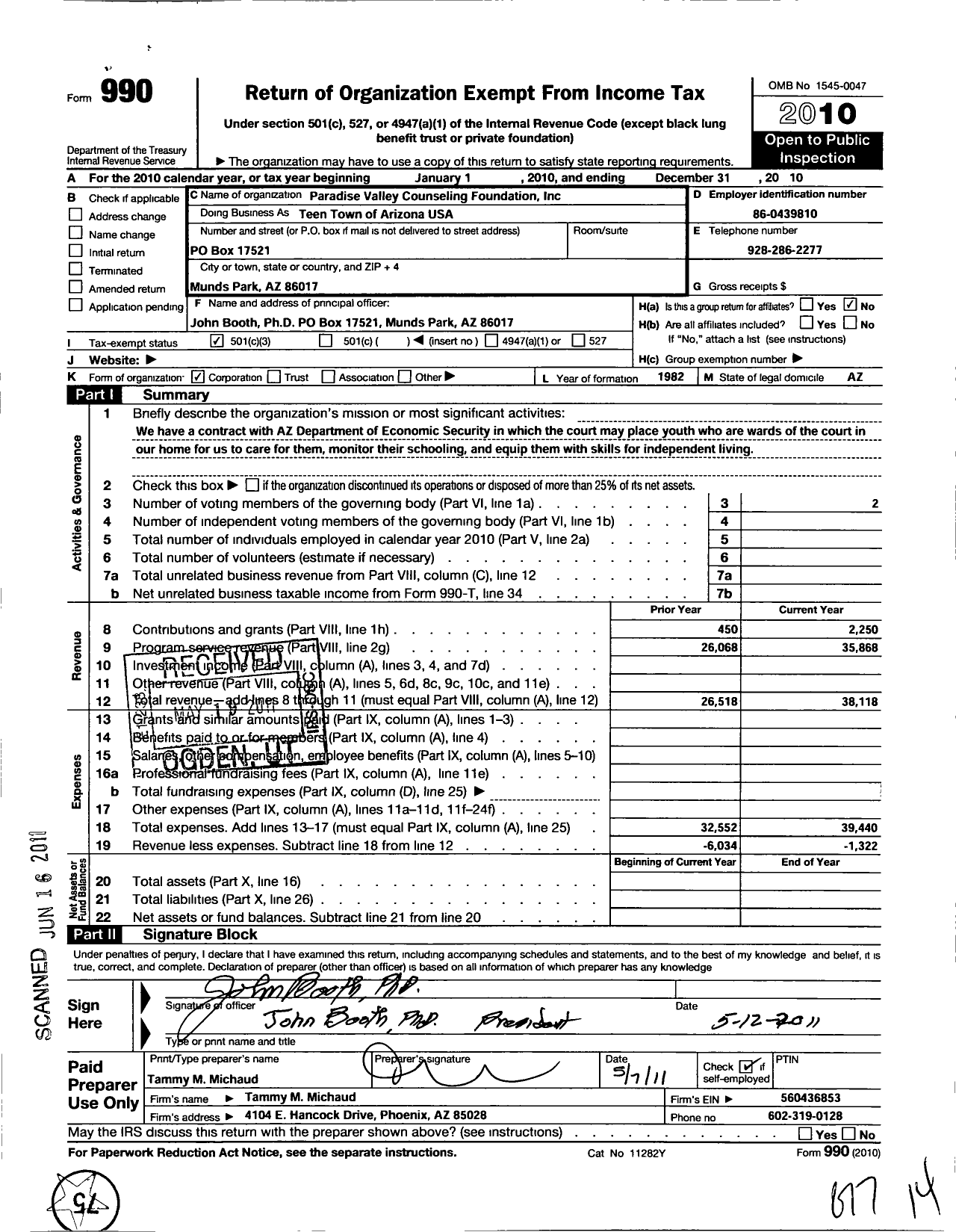 Image of first page of 2010 Form 990 for Paradise Valley Counseling FNDN