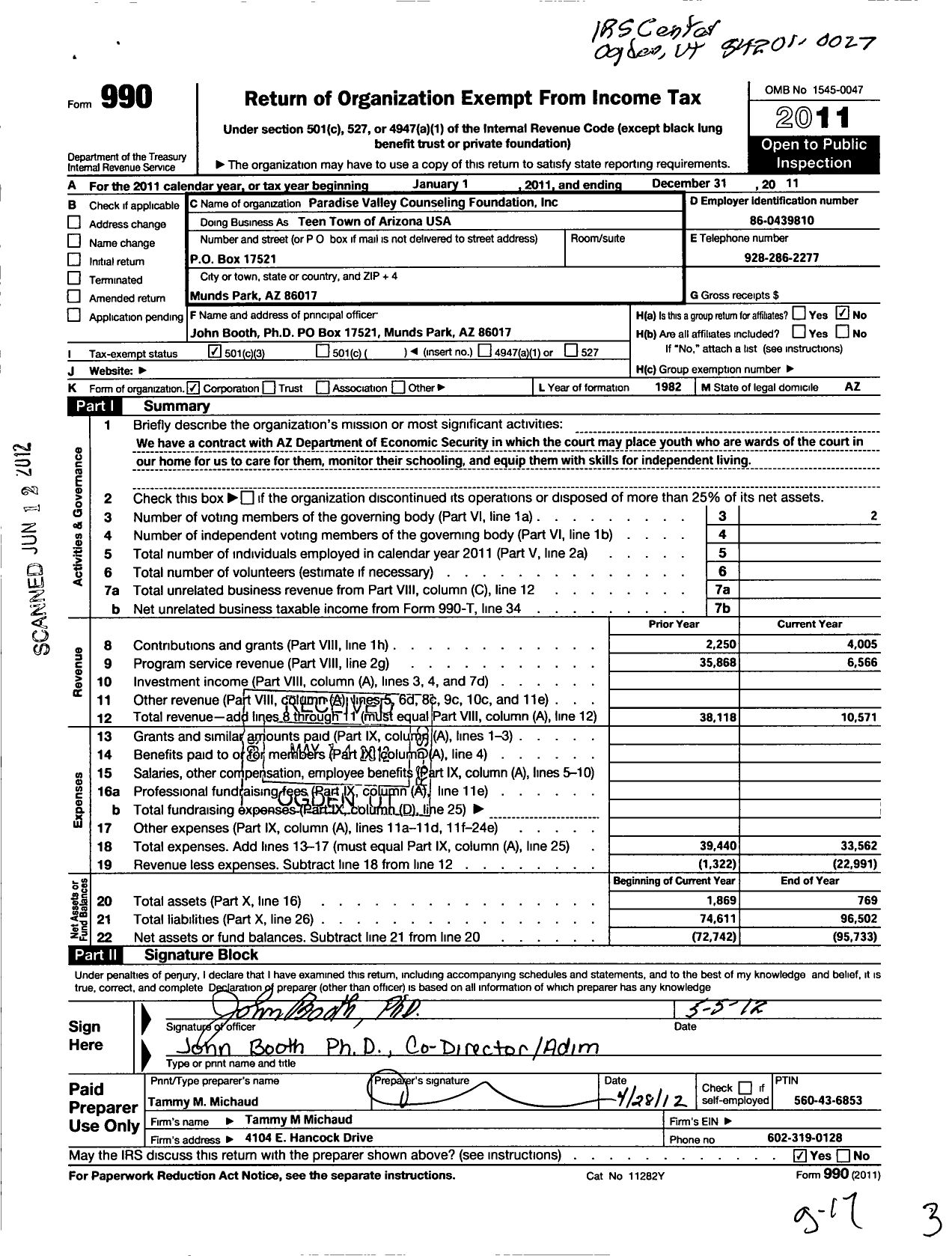 Image of first page of 2011 Form 990 for Paradise Valley Counseling FNDN