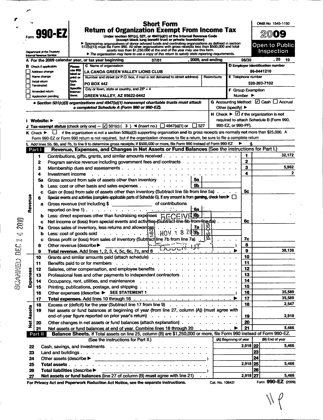 Image of first page of 2009 Form 990EZ for Lions Clubs - 38433 Green Valley La Conoa Lions