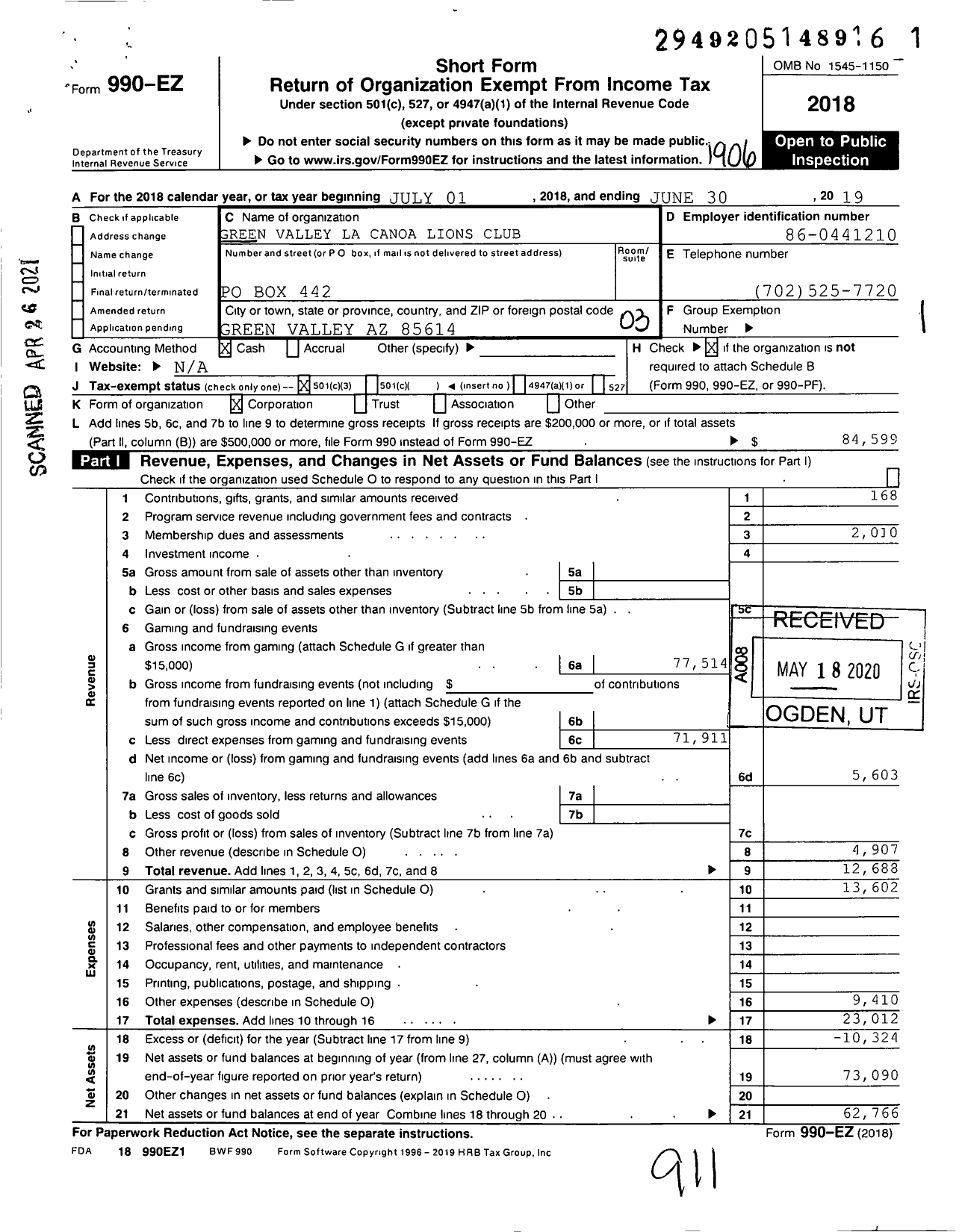 Image of first page of 2018 Form 990EZ for Lions Clubs - 38433 Green Valley La Conoa Lions