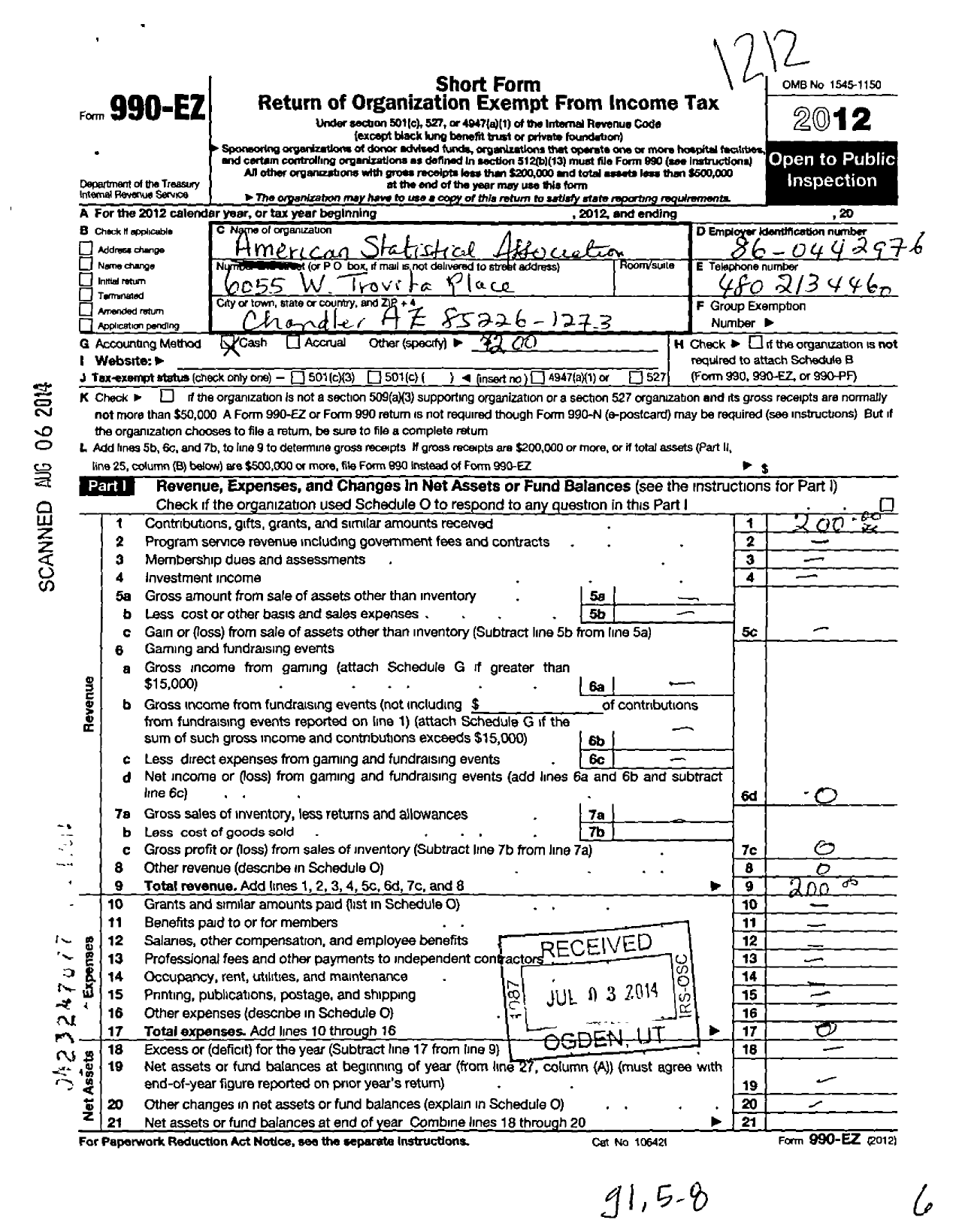 Image of first page of 2012 Form 990EO for American Statistical Association / Arizona Chapter