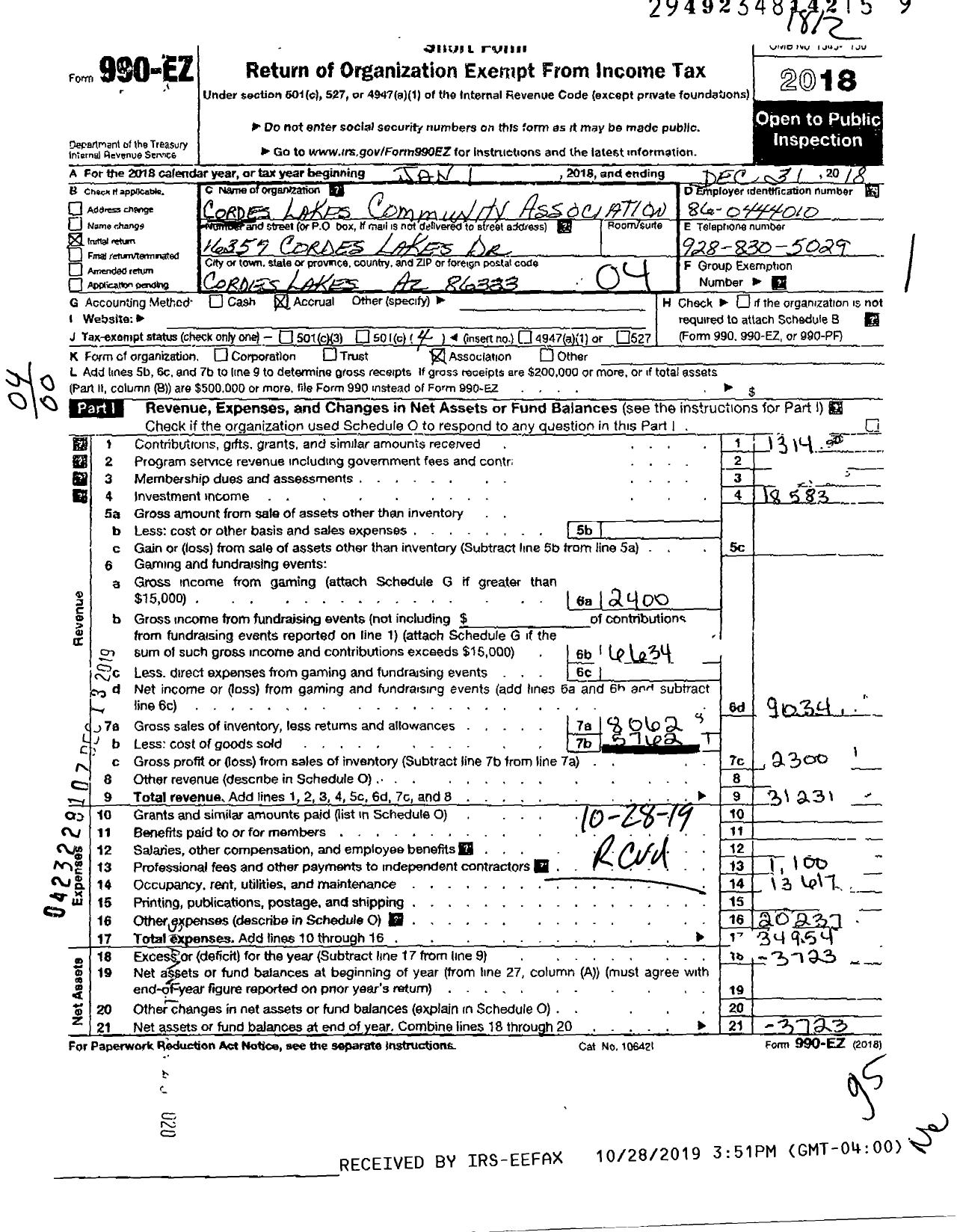 Image of first page of 2018 Form 990EO for Cordes Lake Community Association