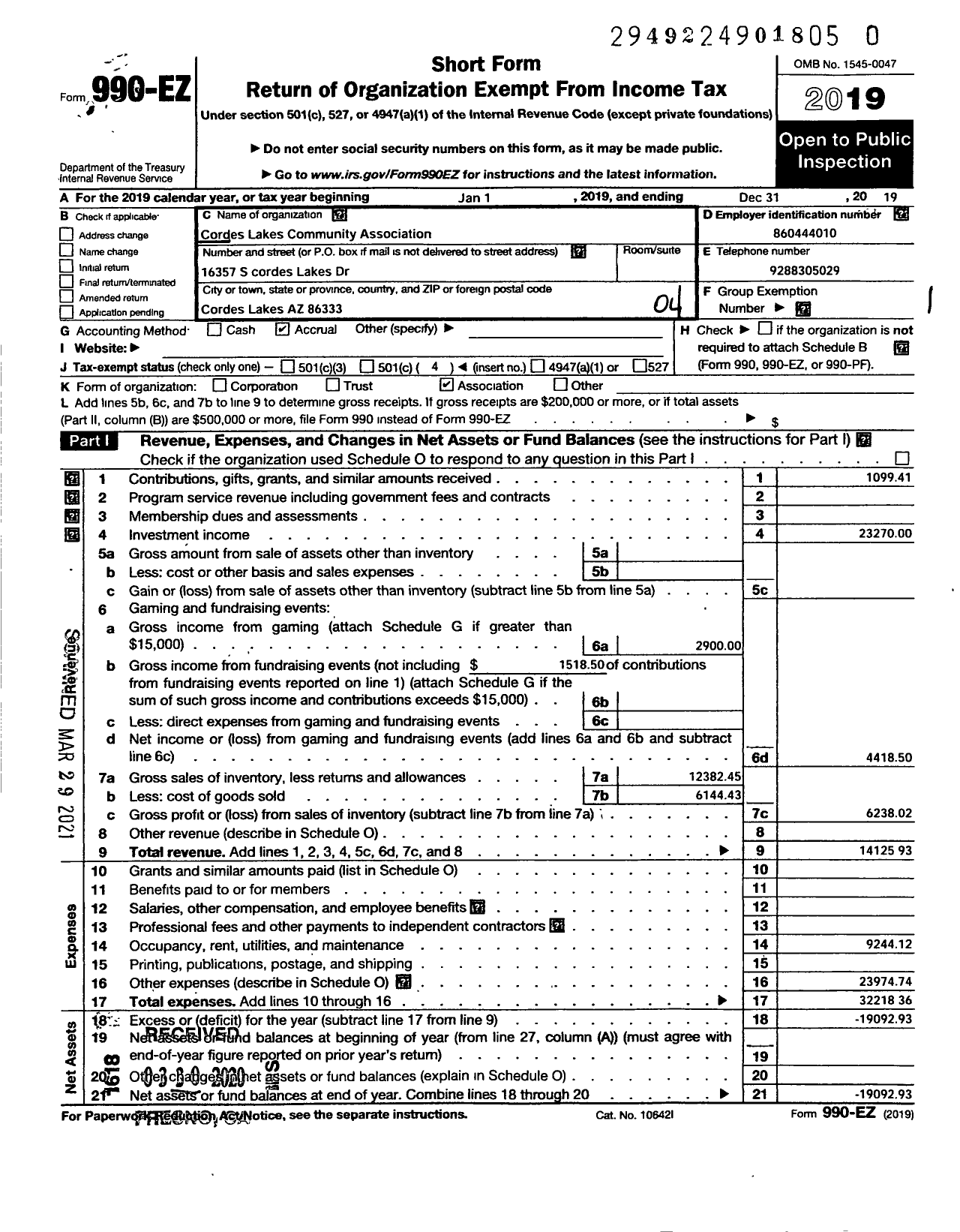 Image of first page of 2019 Form 990EO for Cordes Lake Community Association