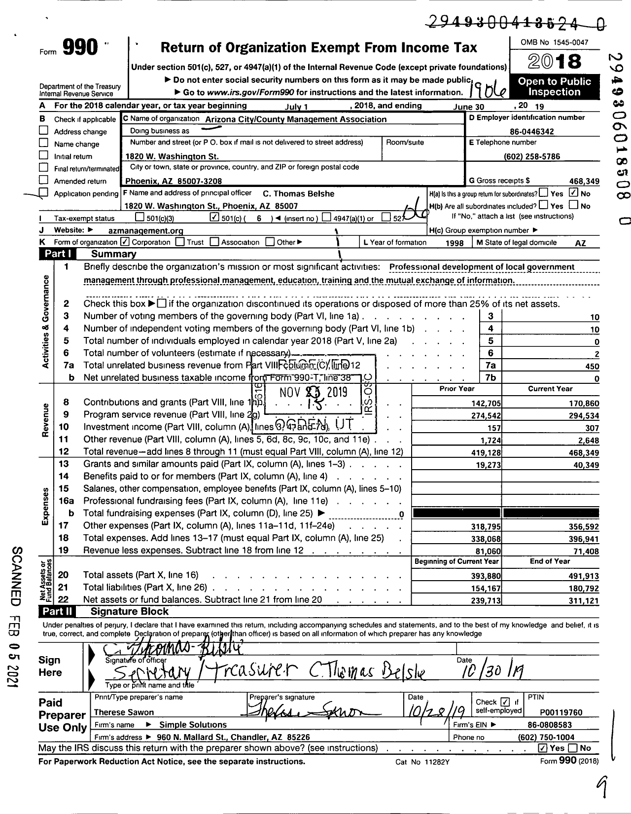 Image of first page of 2018 Form 990O for Arizona City County Management Association