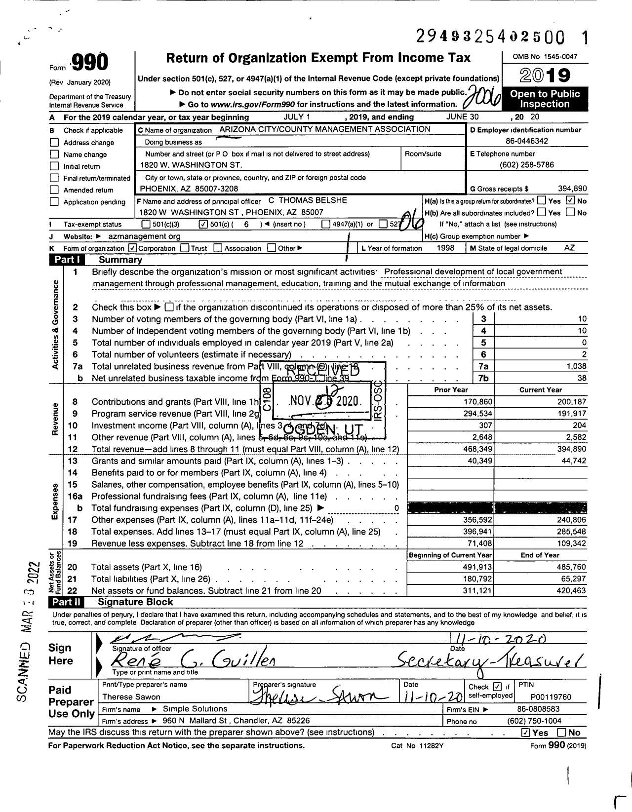 Image of first page of 2019 Form 990O for Arizona City County Management Association