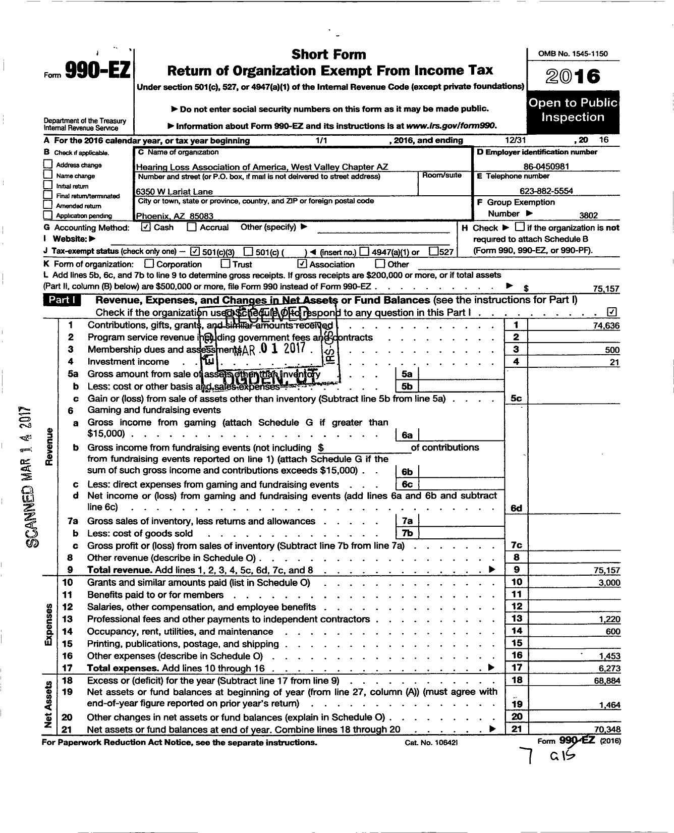 Image of first page of 2016 Form 990EZ for Hearing Loss Association of America West Valley Chapter