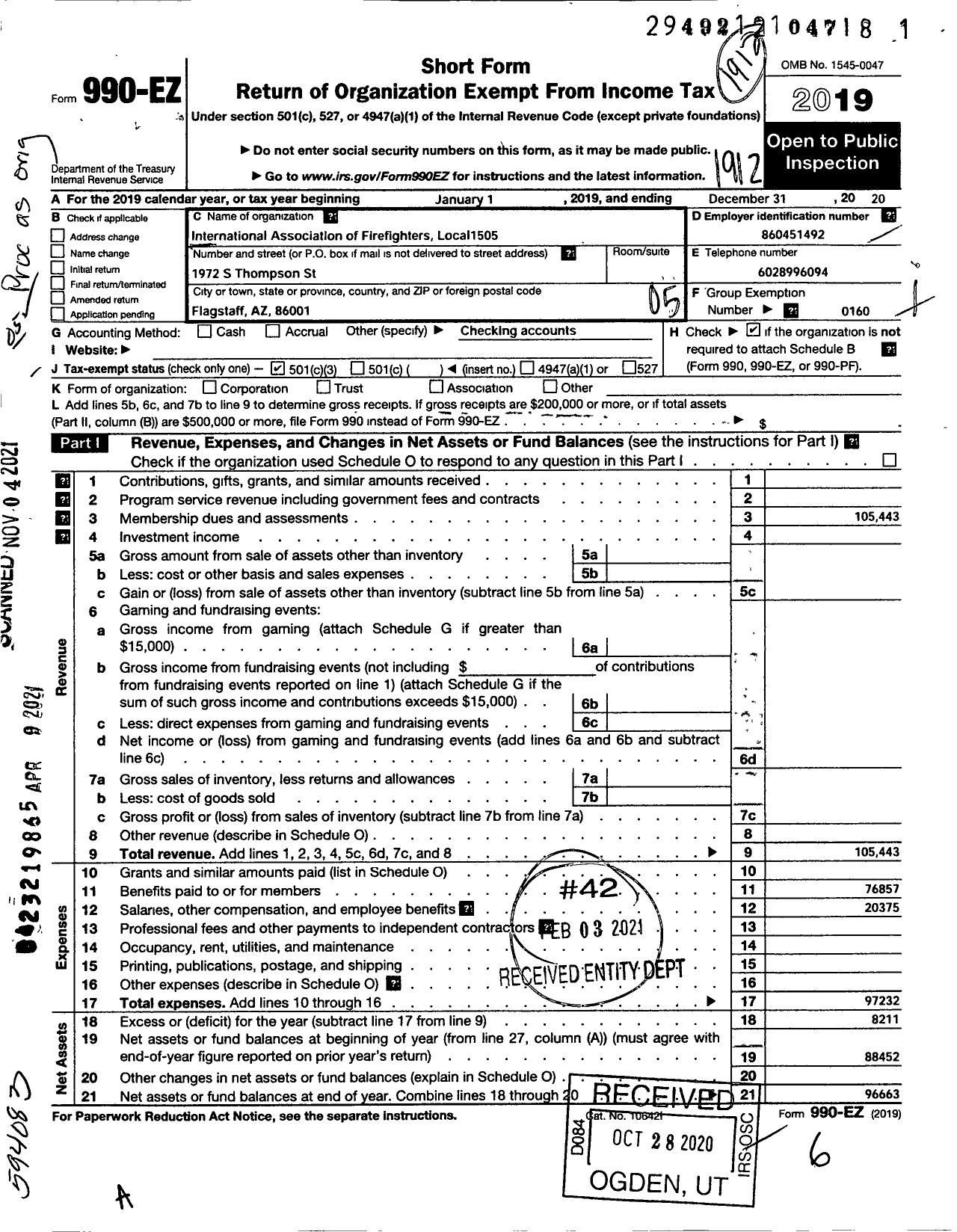 Image of first page of 2019 Form 990EO for International Association of Fire Fighters - L1505 Flagstaff