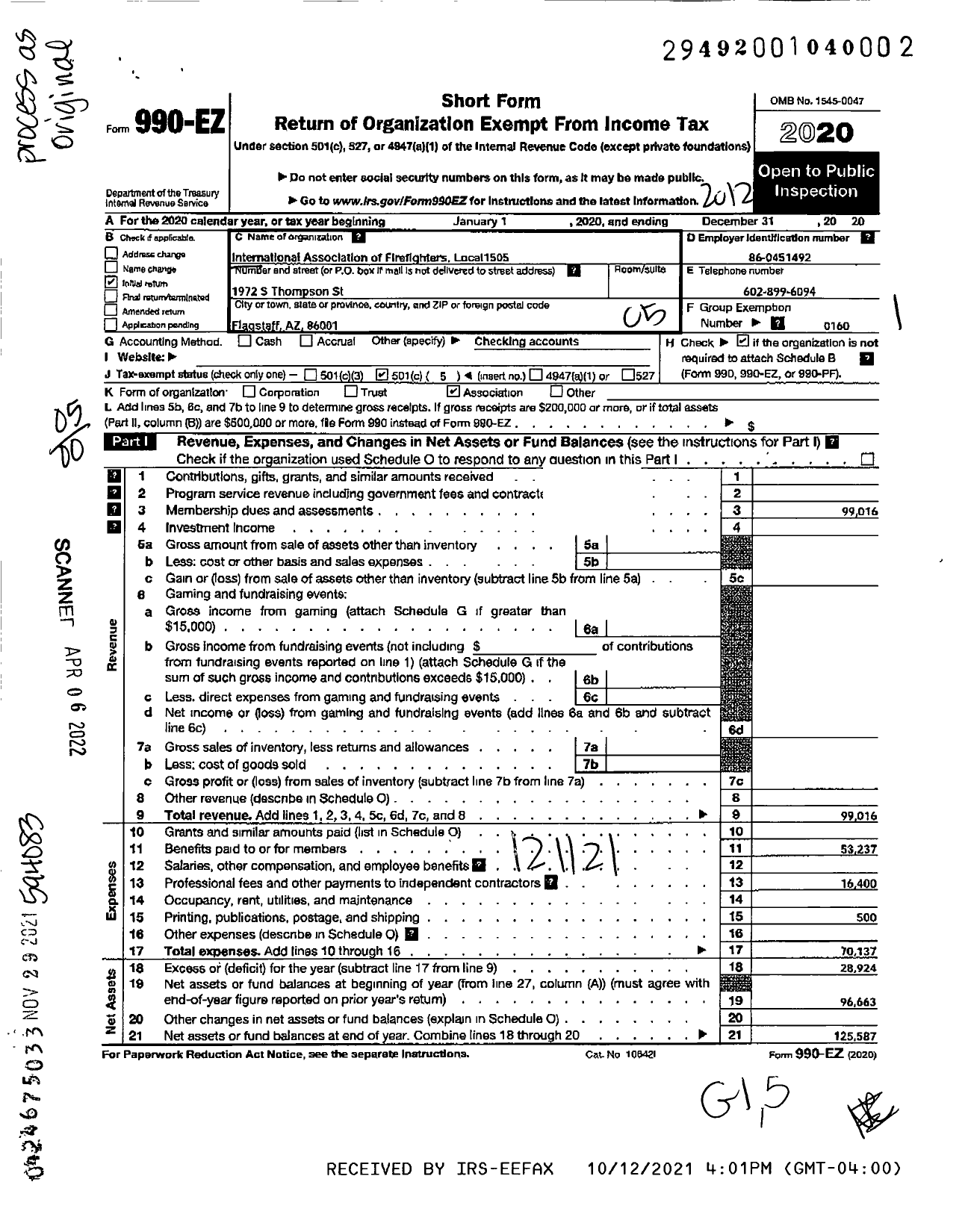 Image of first page of 2020 Form 990EO for International Association of Fire Fighters - L1505 Flagstaff