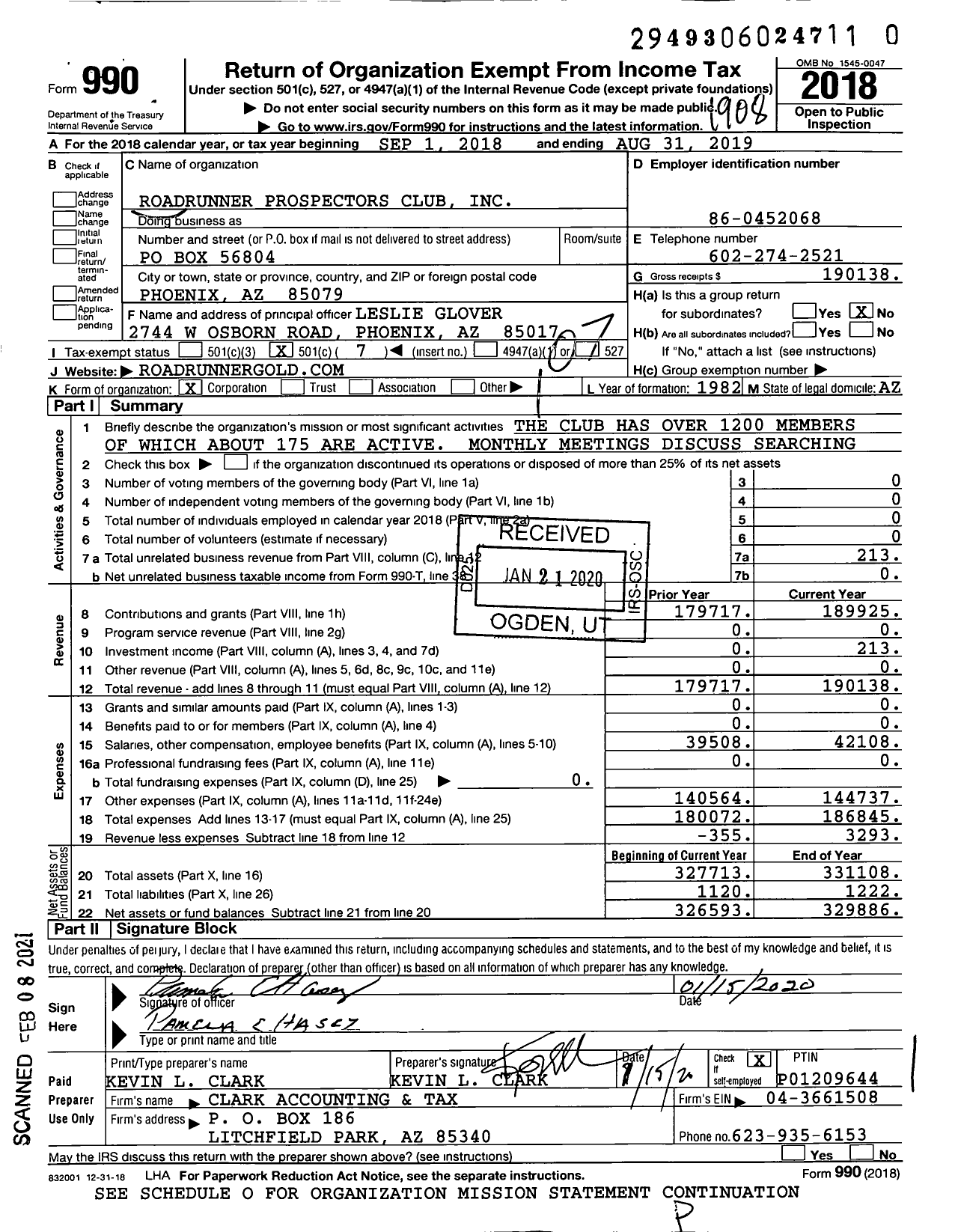 Image of first page of 2018 Form 990O for Roadrunner Prospectors Club