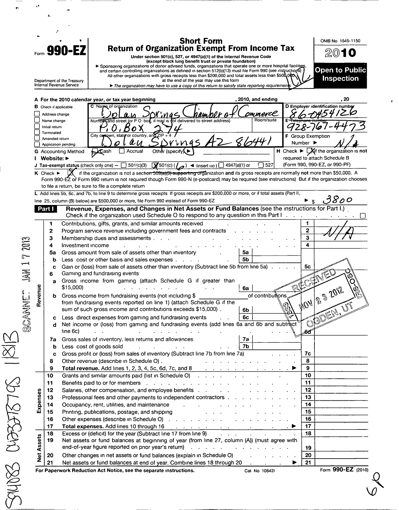 Image of first page of 2010 Form 990EO for Dolan Springs Chamber of Commerce
