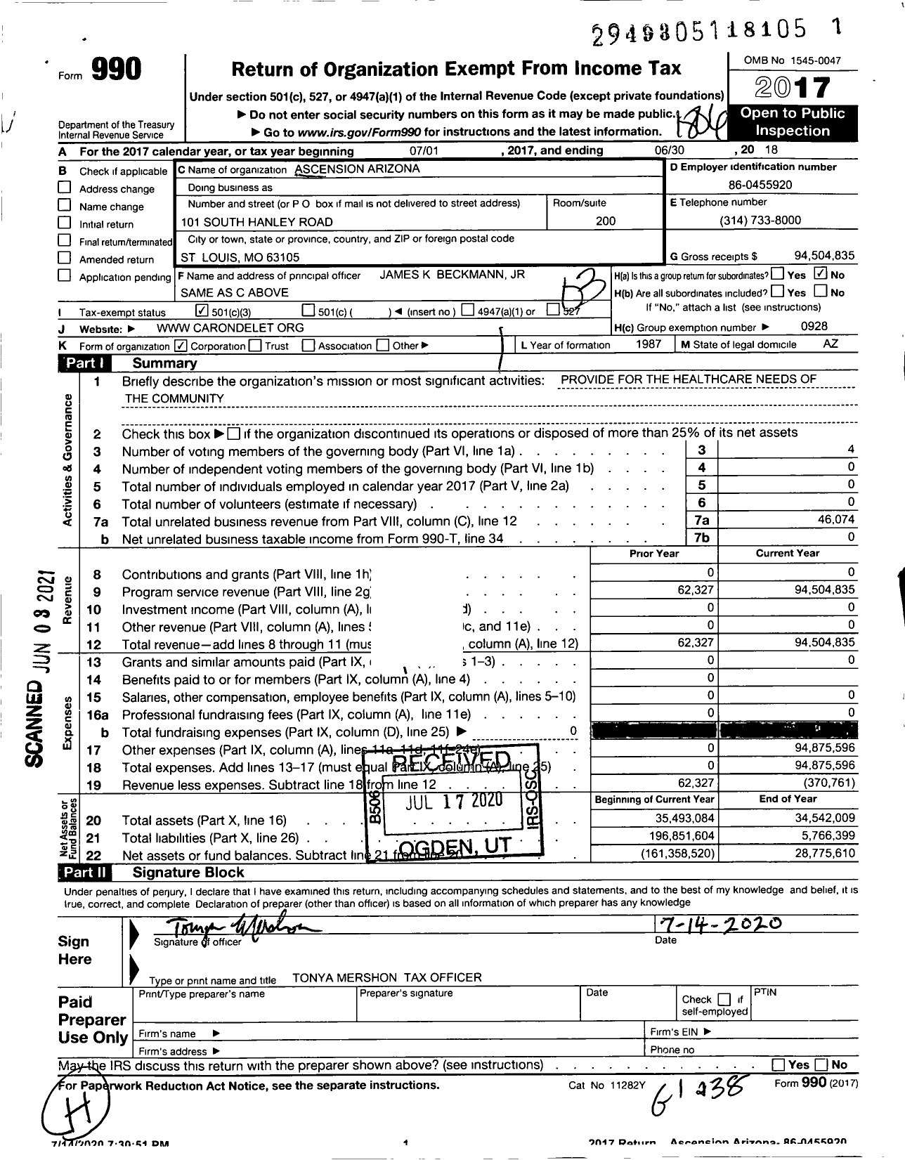 Image of first page of 2017 Form 990 for Ascension Arizona