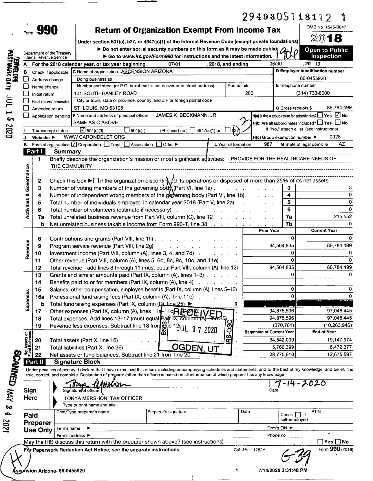 Image of first page of 2018 Form 990 for Ascension Arizona