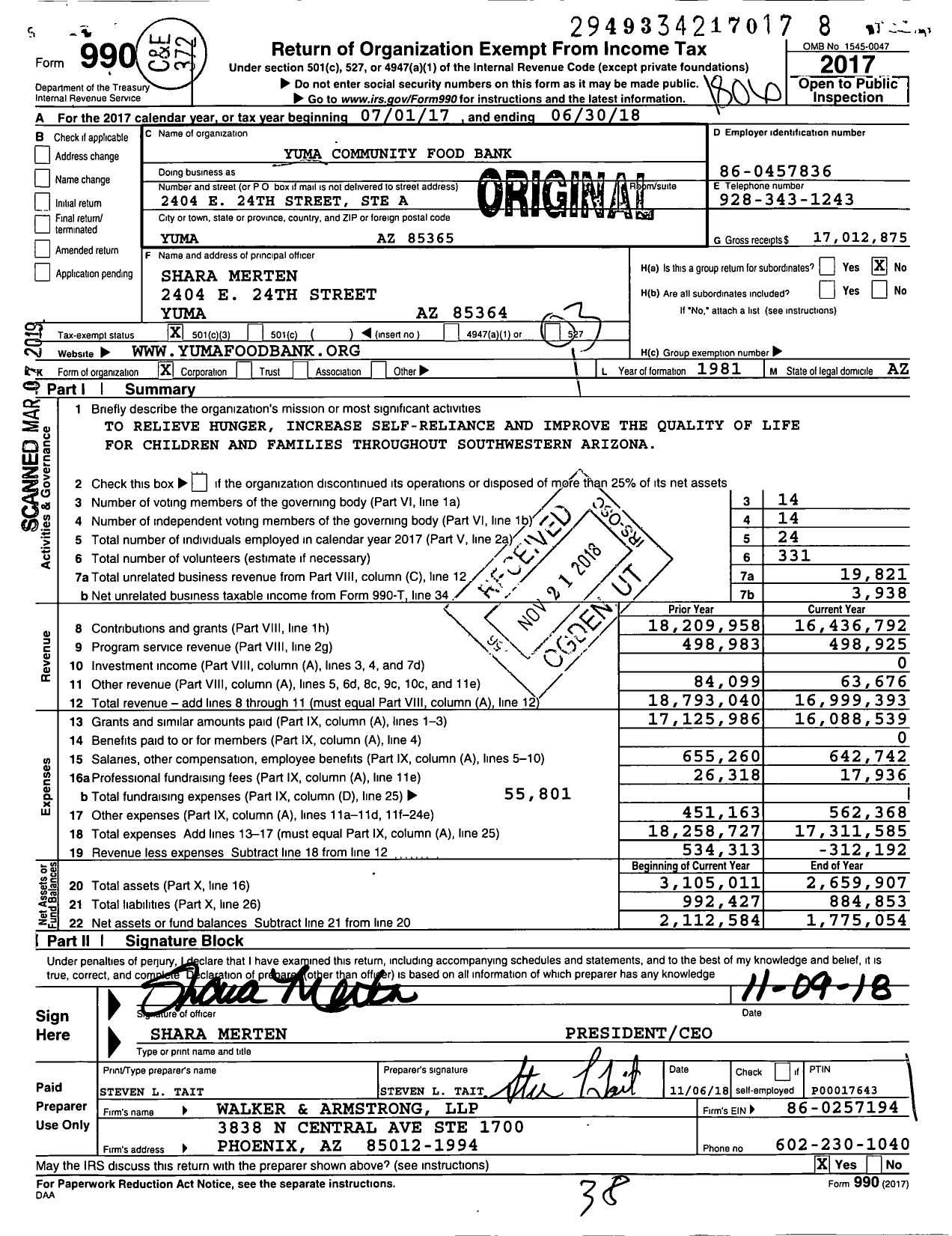 Image of first page of 2017 Form 990 for Yuma Community Food Bank