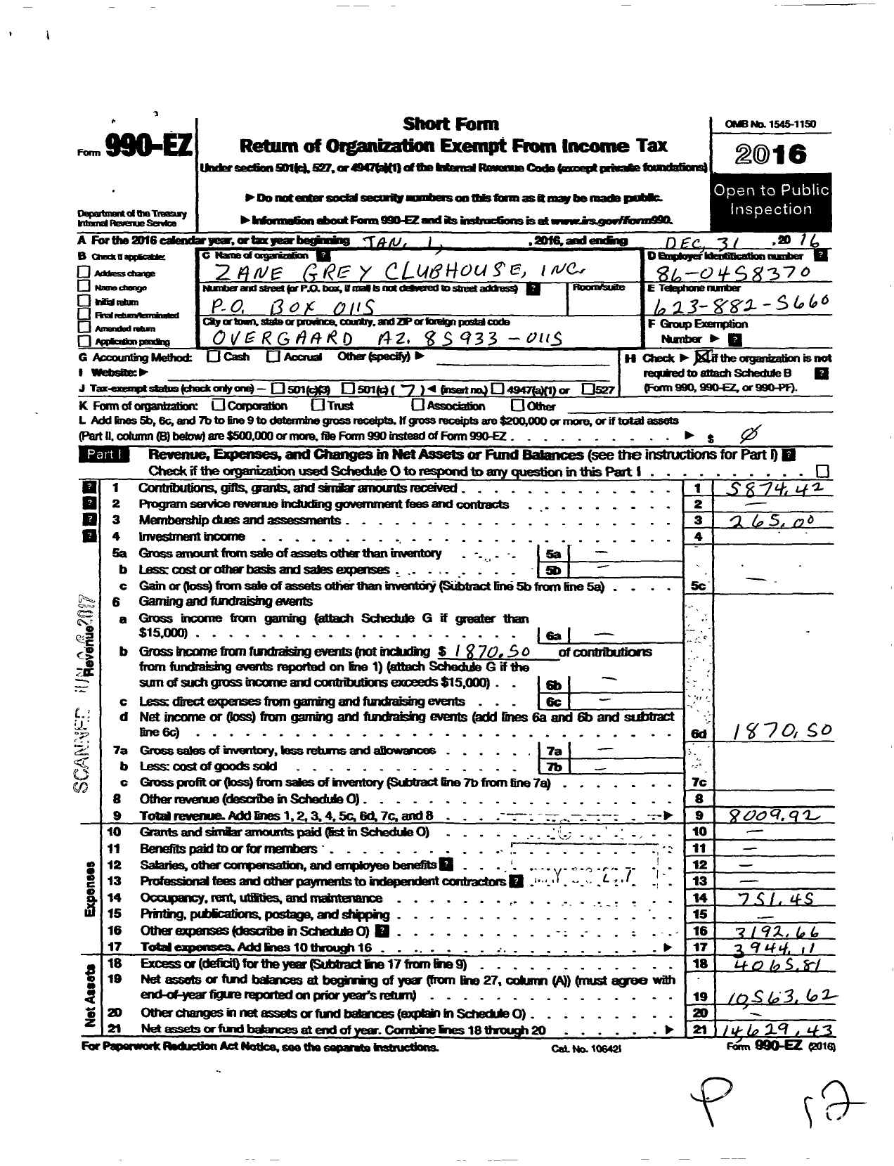 Image of first page of 2016 Form 990EO for Zane Grey Clubhouse