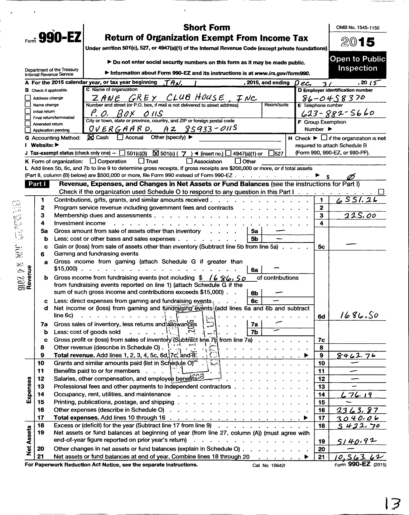 Image of first page of 2015 Form 990EO for Zane Grey Clubhouse