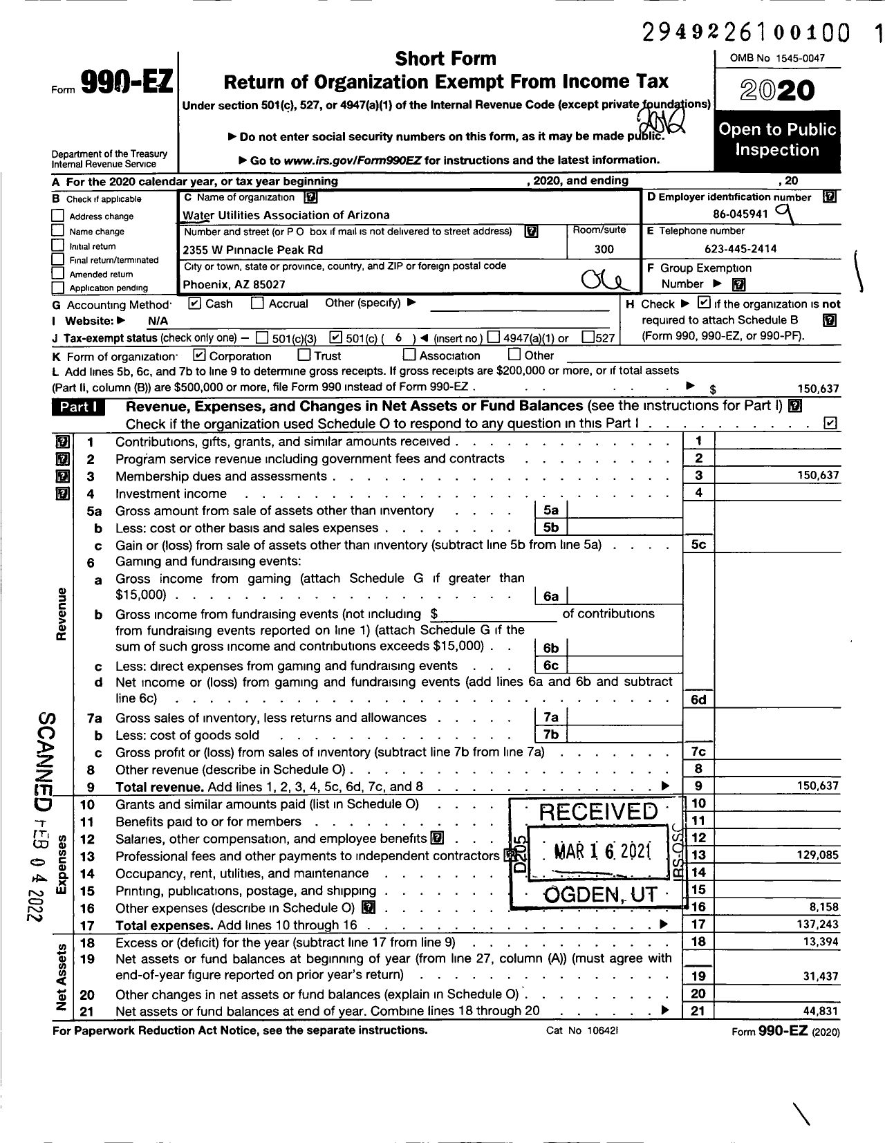 Image of first page of 2020 Form 990EO for Water Utilities Association of Arizona