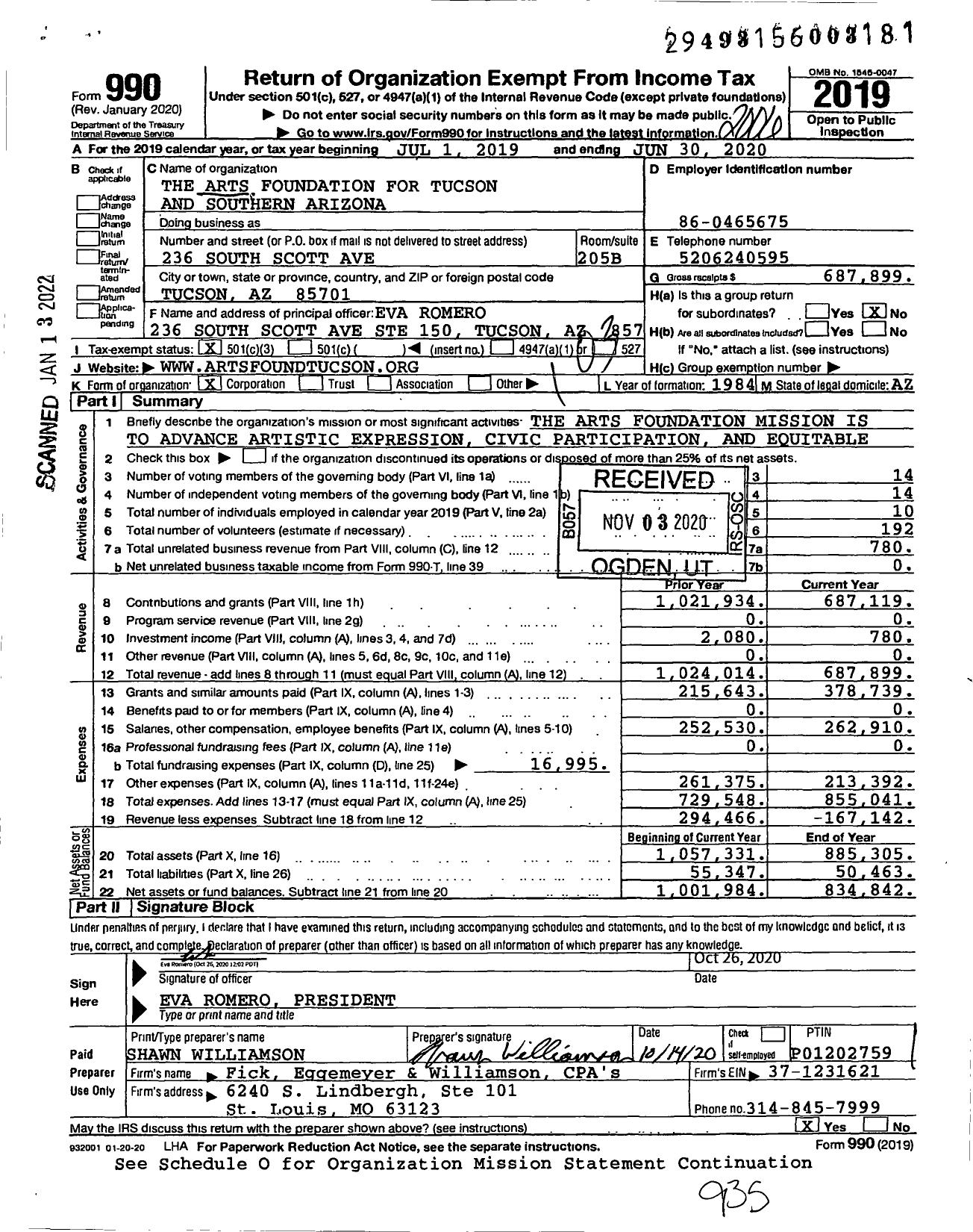 Image of first page of 2019 Form 990 for The Arts Foundation for Tucson and Southern Arizona