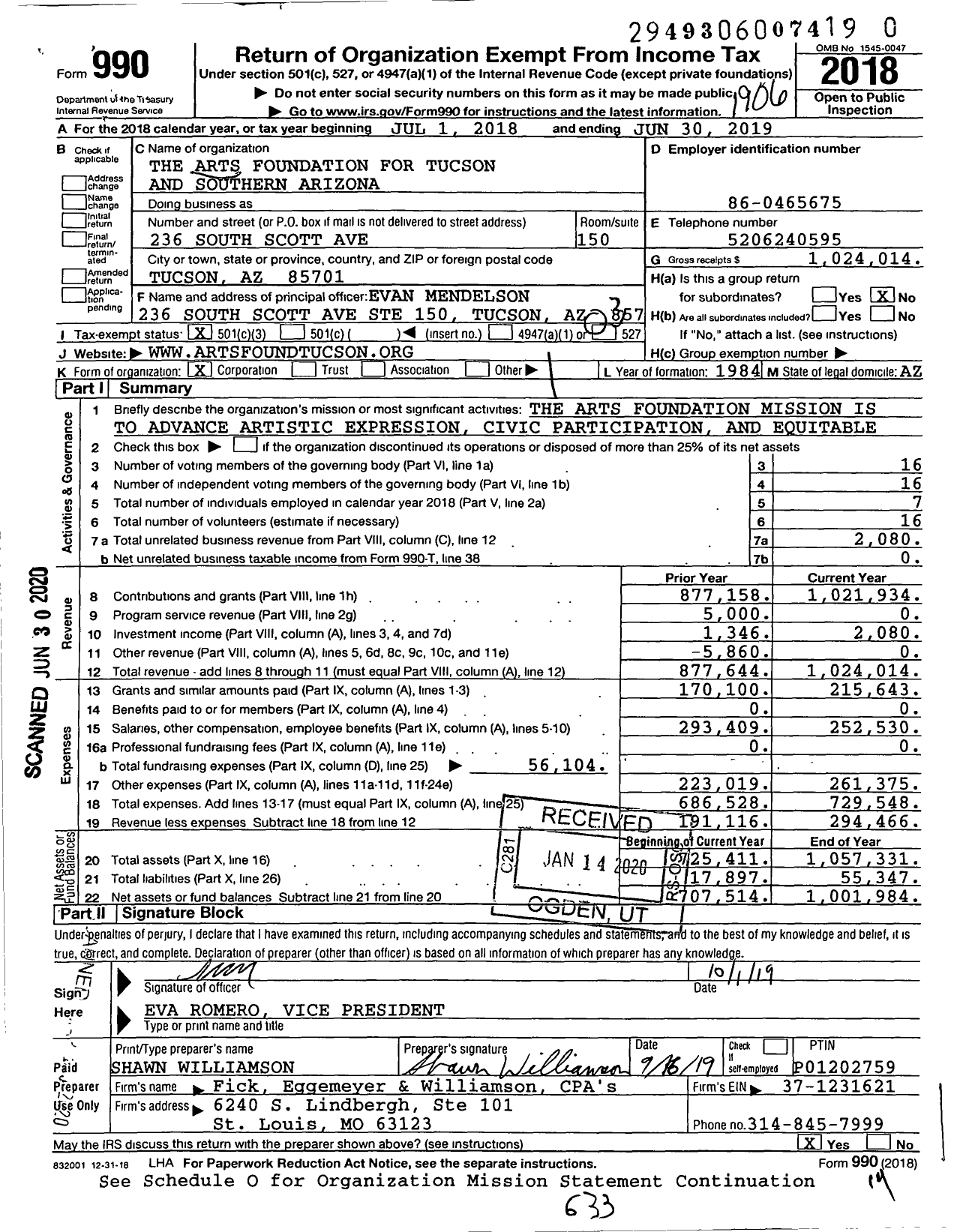 Image of first page of 2018 Form 990 for The Arts Foundation for Tucson and Southern Arizona