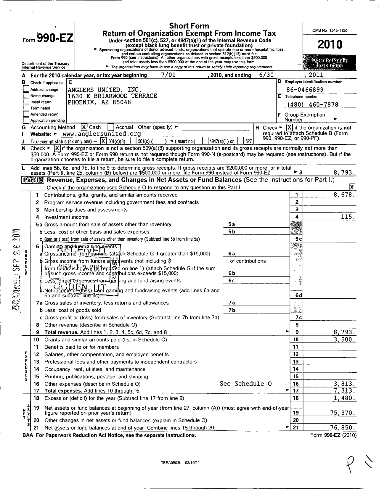 Image of first page of 2010 Form 990EZ for Anglers United