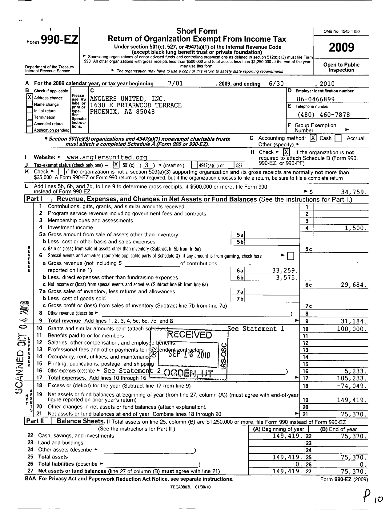 Image of first page of 2009 Form 990EZ for Anglers United