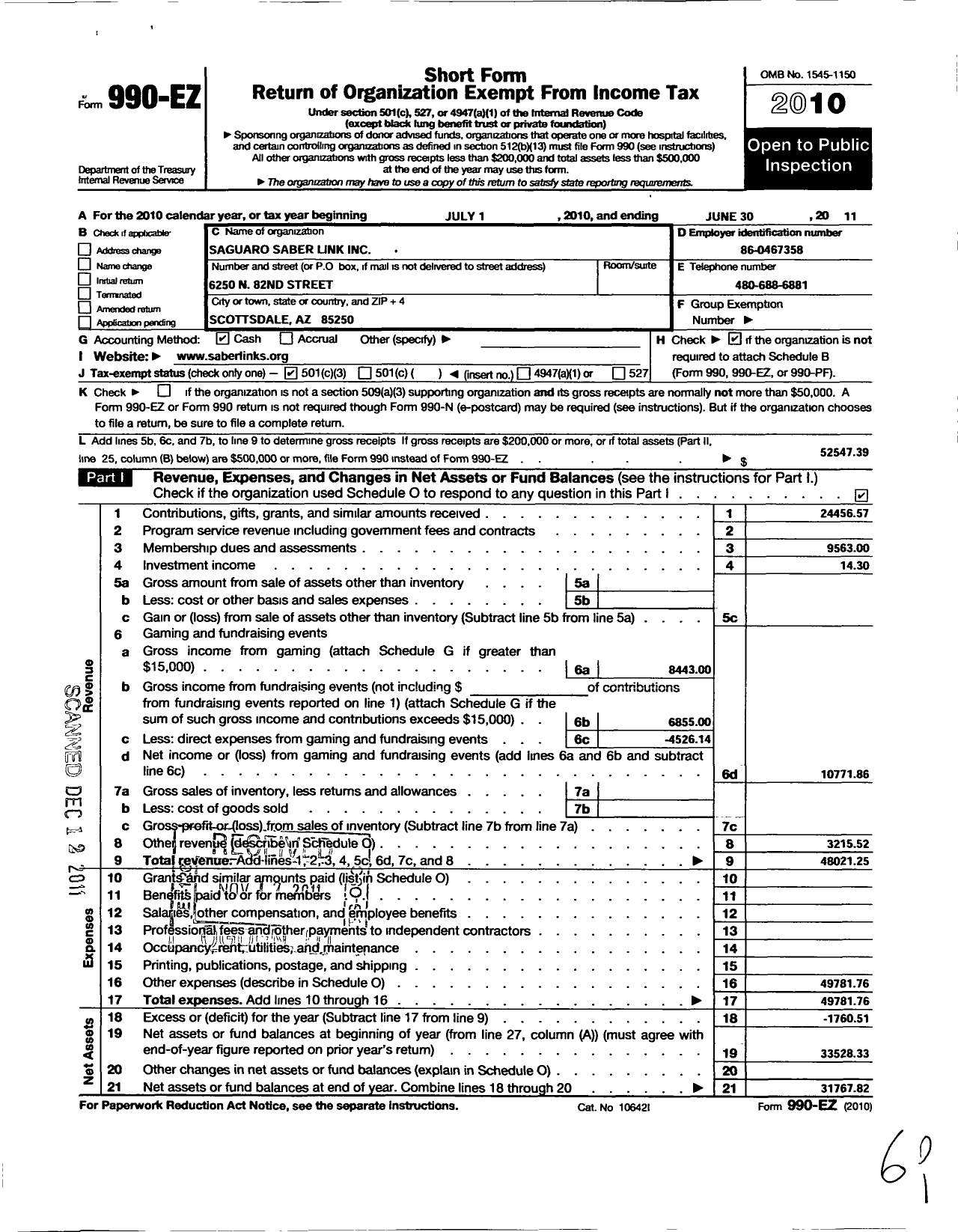 Image of first page of 2010 Form 990EZ for Saguaro Saber Link