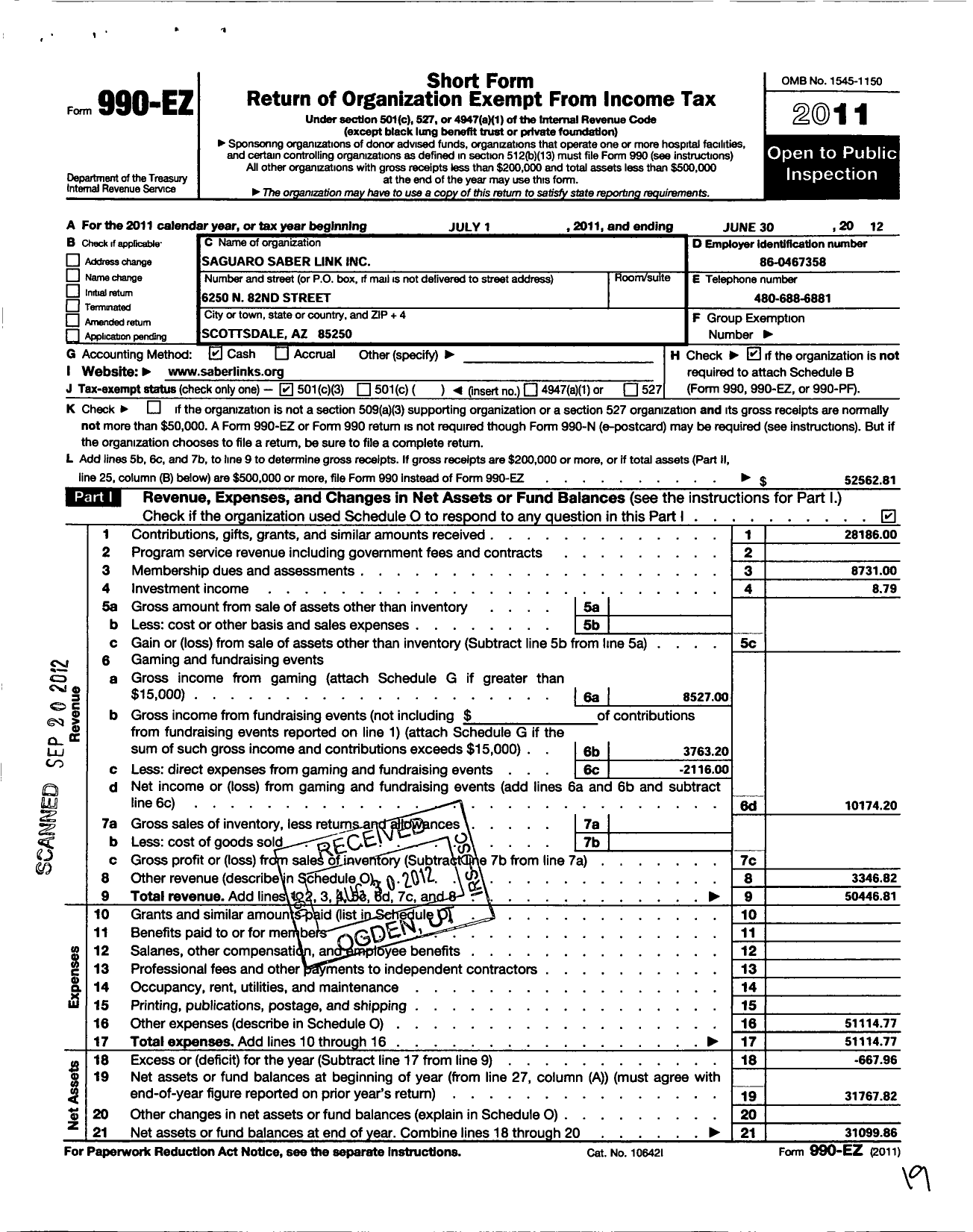 Image of first page of 2011 Form 990EZ for Saguaro Saber Link