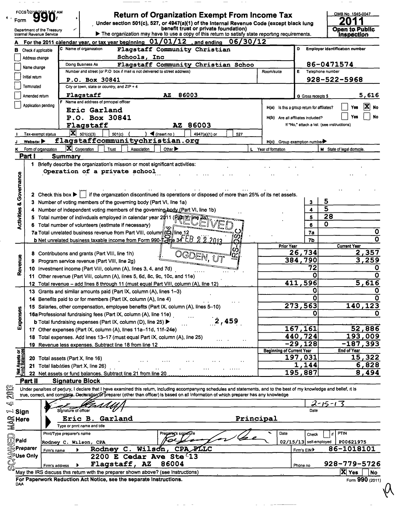 Image of first page of 2011 Form 990 for Flagstaff Christian Schools