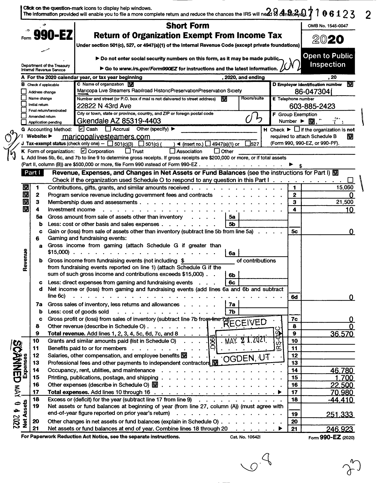 Image of first page of 2020 Form 990EZ for Maricopa Live Steamers Railroad Heritage Preservation Society