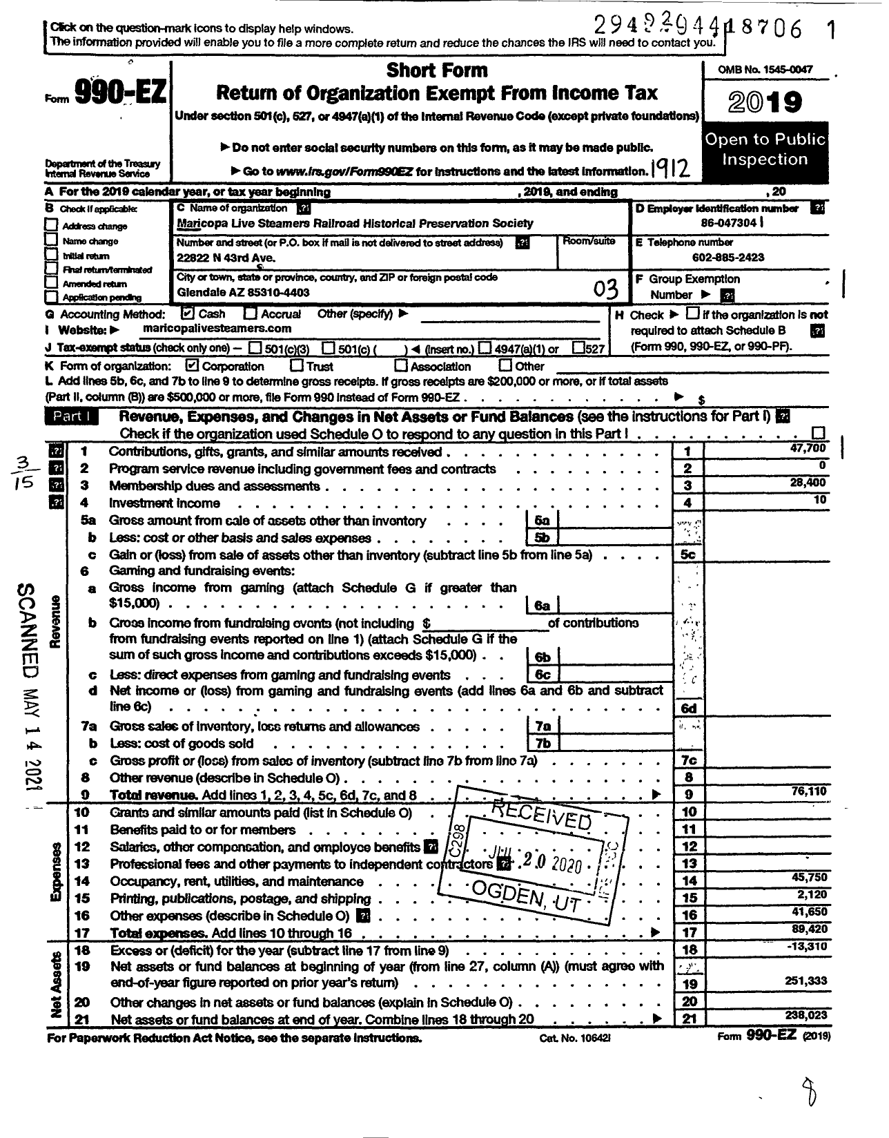 Image of first page of 2019 Form 990EZ for Maricopa Live Steamers Railroad Heritage Preservation Society