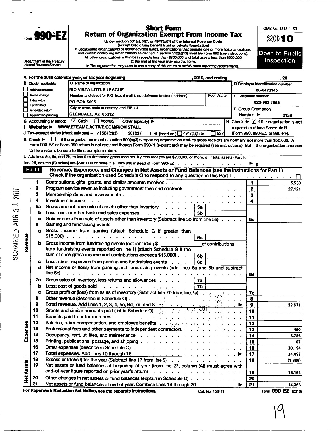 Image of first page of 2010 Form 990EZ for Little League Baseball - 4030216 Rio Vista LL