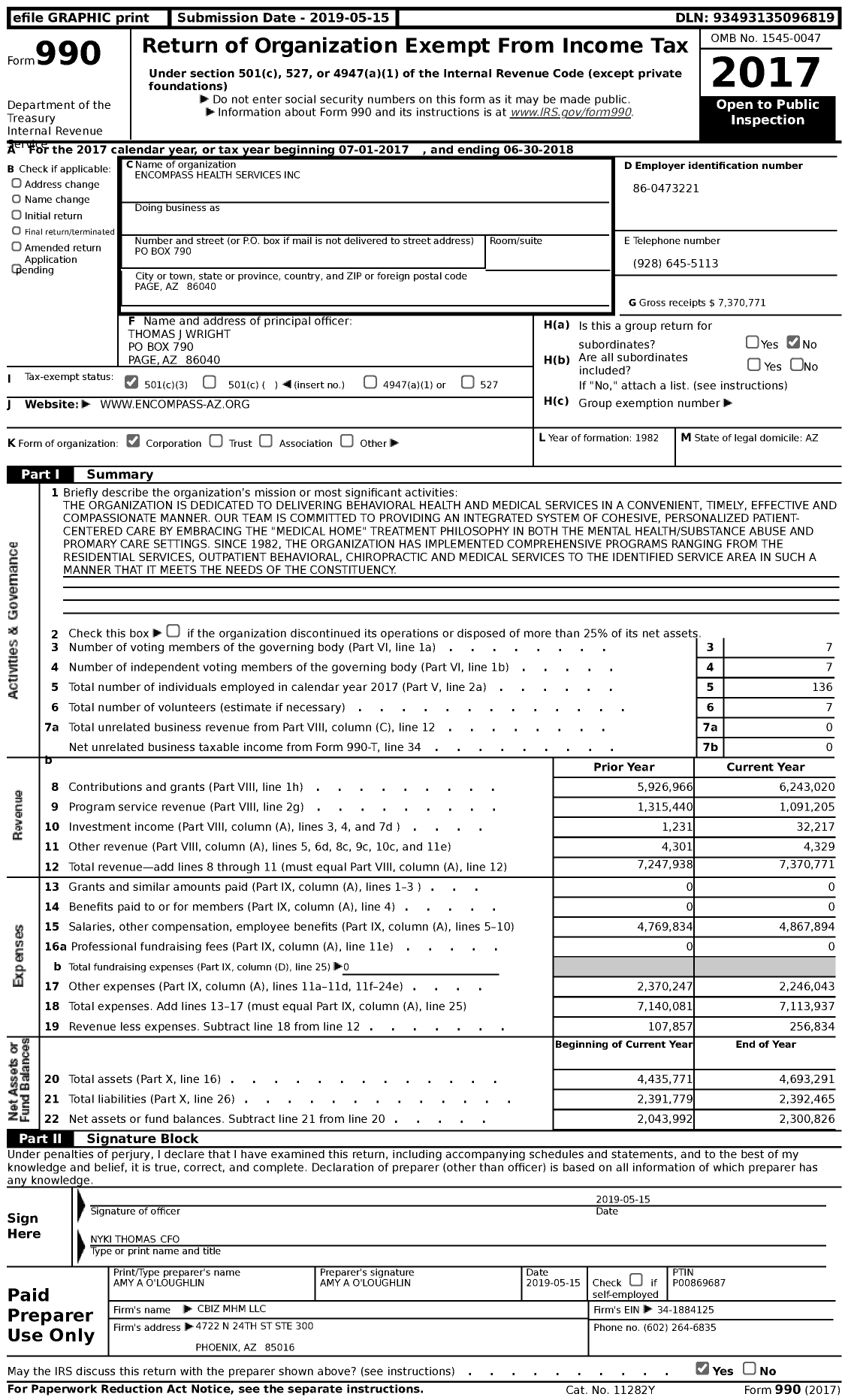 Image of first page of 2017 Form 990 for Encompass Health Services