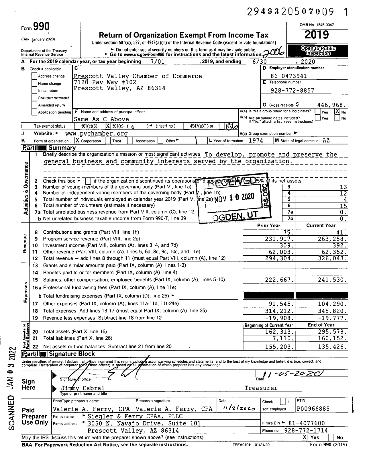 Image of first page of 2019 Form 990O for Prescott Valley Chamber of Commerce