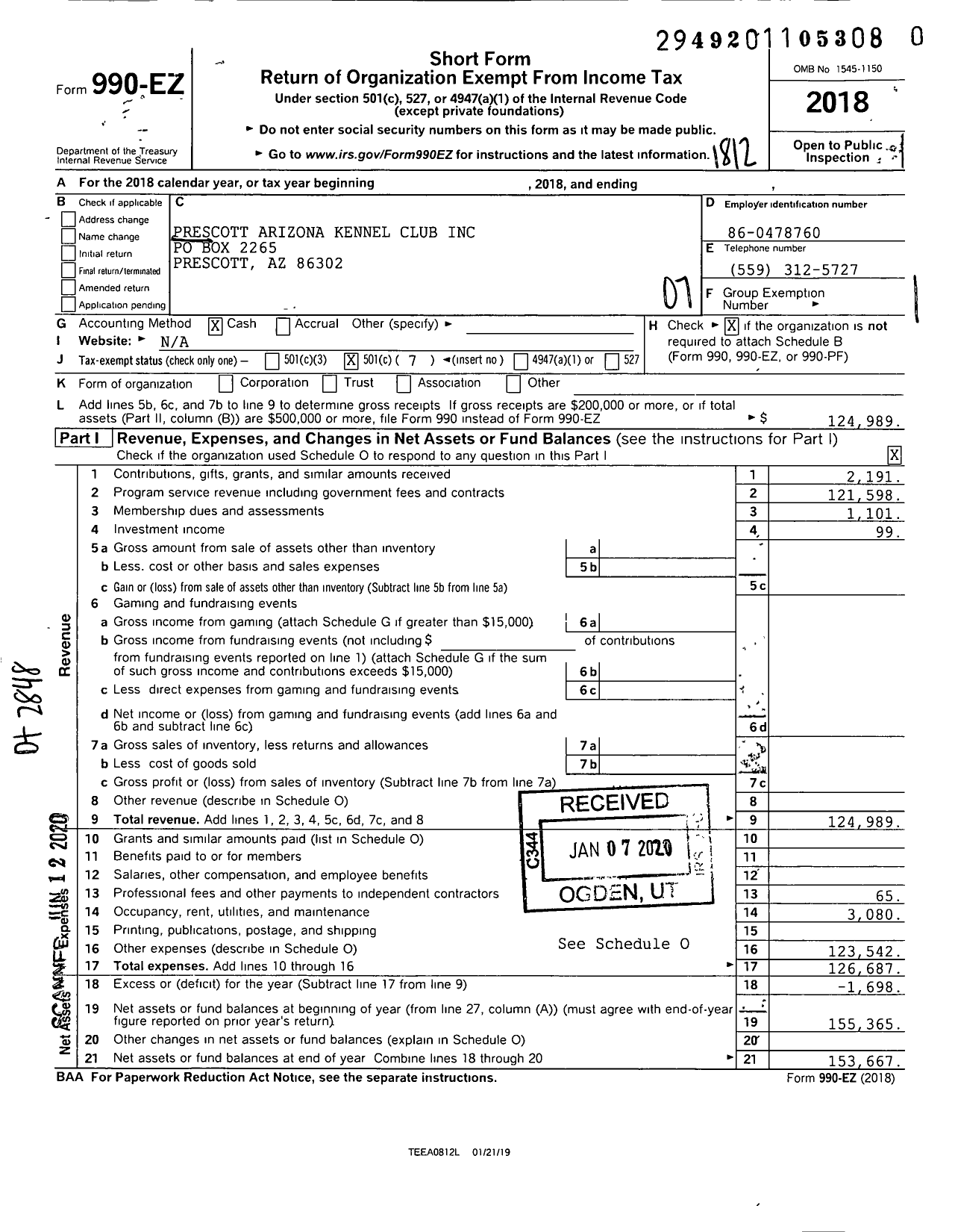 Image of first page of 2018 Form 990EO for Prescott Arizona Kennel Club